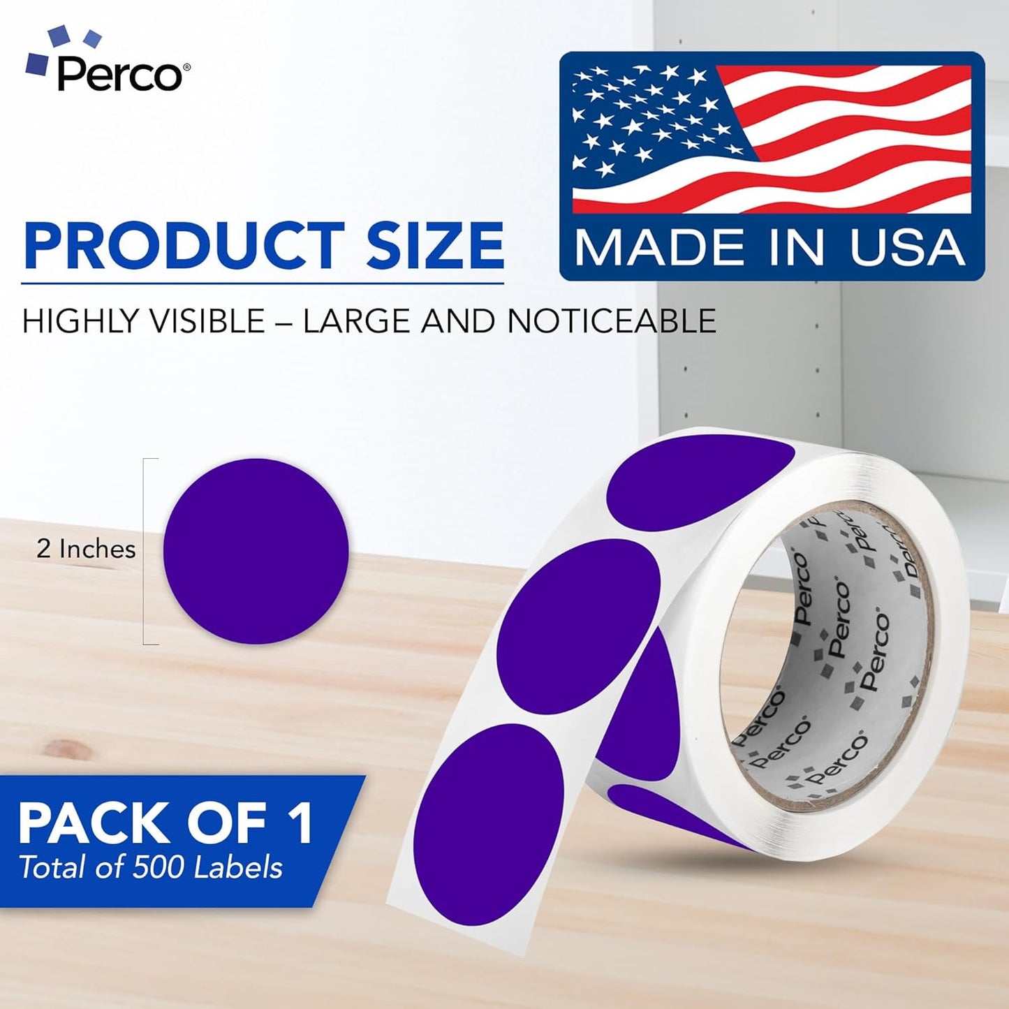 Perco Purple 2-Inch Round Circle Dot Sticker Labels with Easy Peel Perforation - 500 Labels per Roll - Strong Adhesion, Vibrant Colors for Organizing, Crafting & More - Made in USA