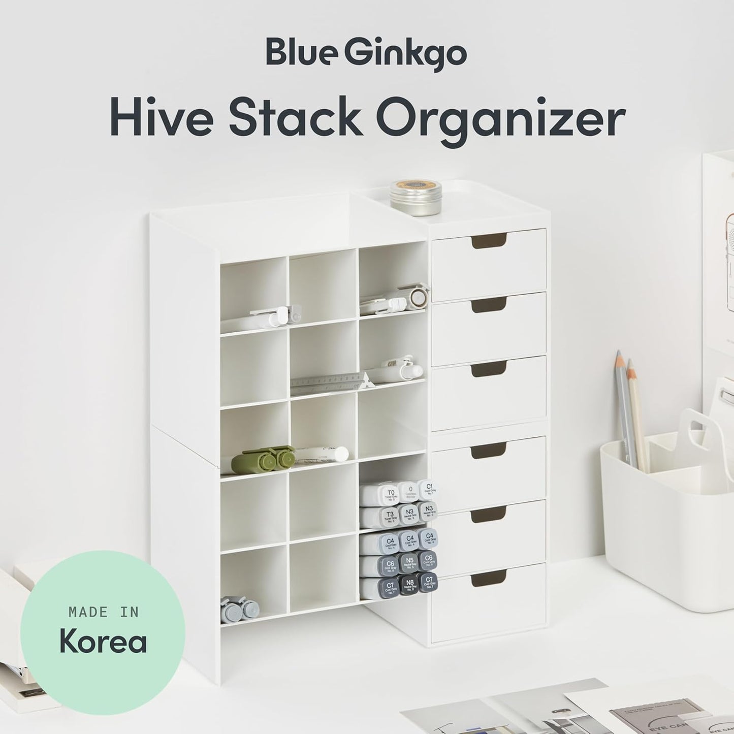 BLUE GINKGO Hive Stack Desk Organizer – Stackable Pen Holder, Stationary Organizer with Drawers - Office Storage, School Supplies, Makeup (Made in Korea, White)