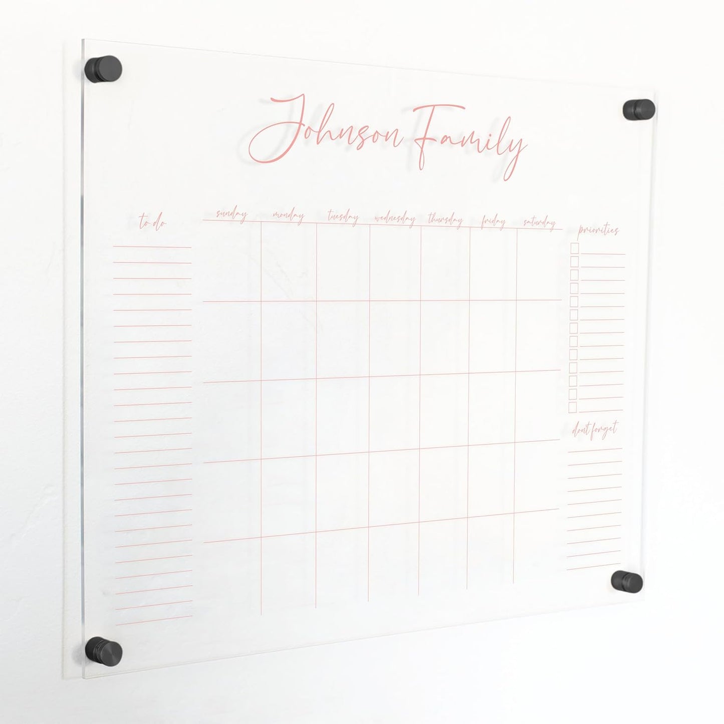 Personalized Clear Acrylic Calendar for Wall, Calendar Whiteboard for Wall, Dry Erase Wall Calendar, Wall Calendar Organizer System for Home (Cursive, Blush, 23"W x18.5"H)