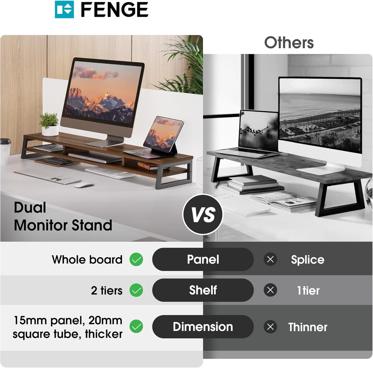 Fenge Dual Monitor Stand for Desk, 42.5in Large Monitor Riser for 2 Monitors, 2 Tier Computer Office Desk Top Shelf, Desktop Storage Stand for Laptop, PC, Computer, Printer