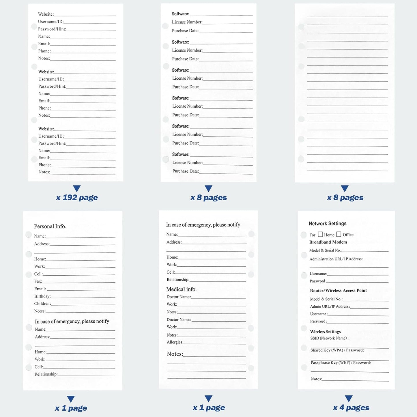 A6 Password Book Refills - 576 Entires Password Notebook Refill Paper with Alphabetical Tabs, Large Print Internet Log Book Replacement Pages, 224 Pages, 6.8in x 4.1in