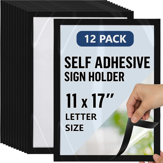 12 Pack Magnetic Sign Holder 11 x 17 with Adhesive Back - Magnetics Poster Frame & Magnetic Paper Holder - Reusable Adhesive Frames 11x17 - Magnet Frame for Wall Windows - Magnet Document Holders
