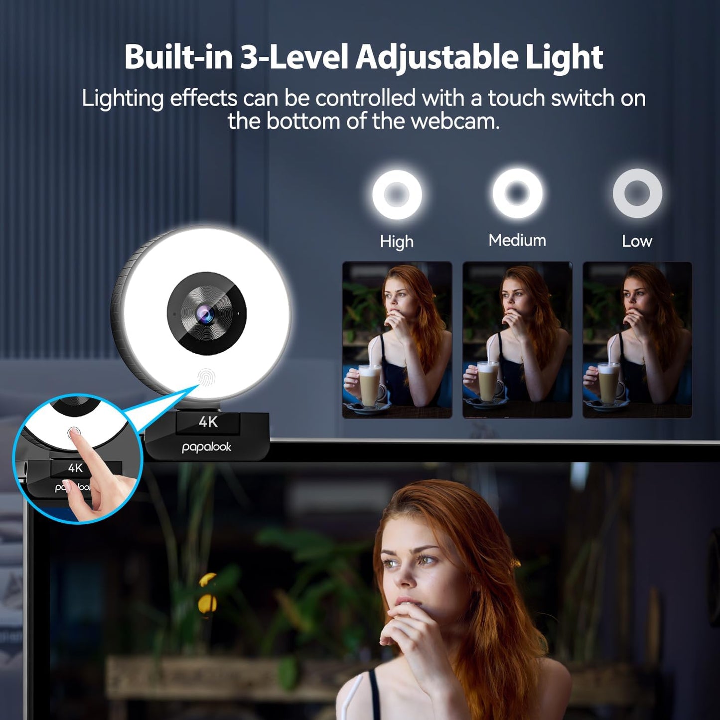 papalook 4K Autofocus Webcam with Light, UHD Web Camera with Remote Control and Dual Noise-Cancelling Mics, Plug and Play USB Webcams for PC Laptop Zoom Skype Teams Google Meet