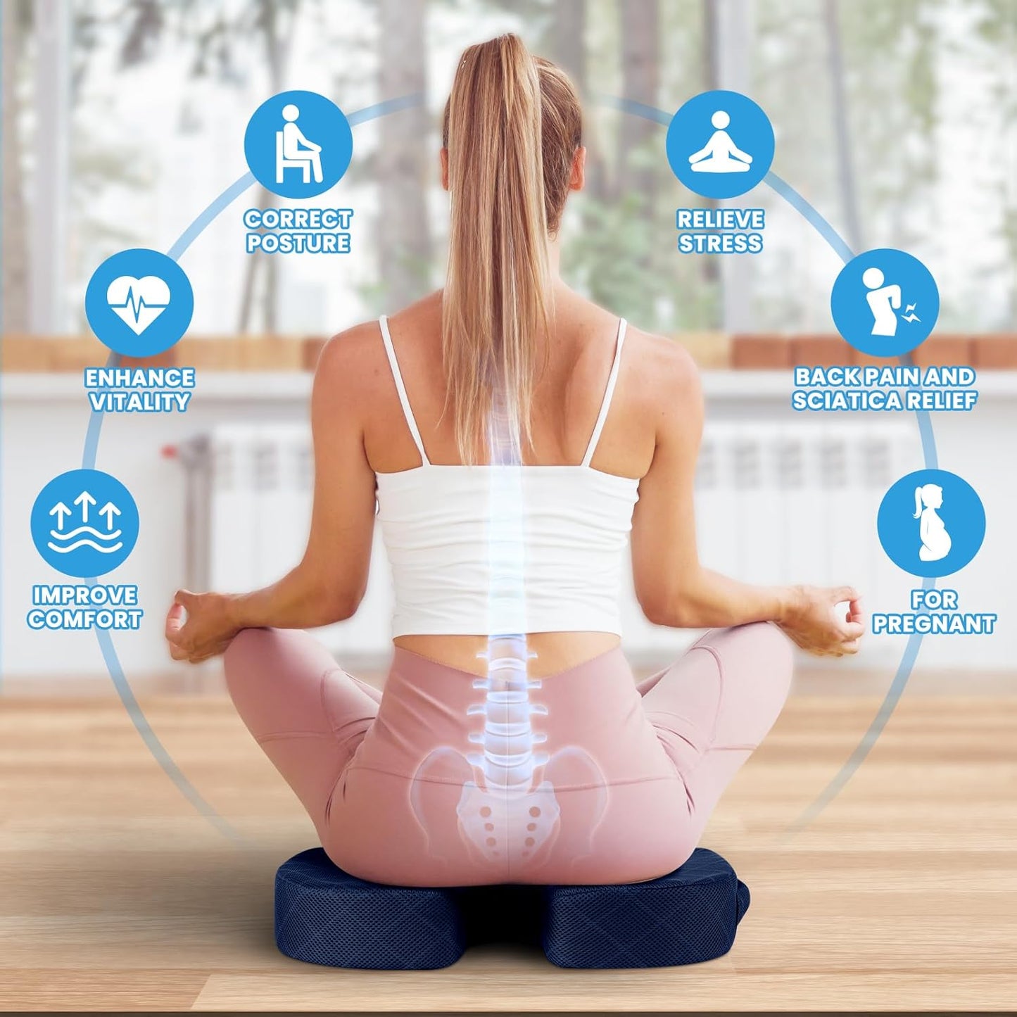 TushGuard Seat Cushion - Memory Foam Cushion for Office Chair, Car Seat, Airplane, Bleacher - Sciatica & Coccyx Pain Relief Desk Chair Cushion for Long Sitting Office Workers, Car Drivers(Blue)