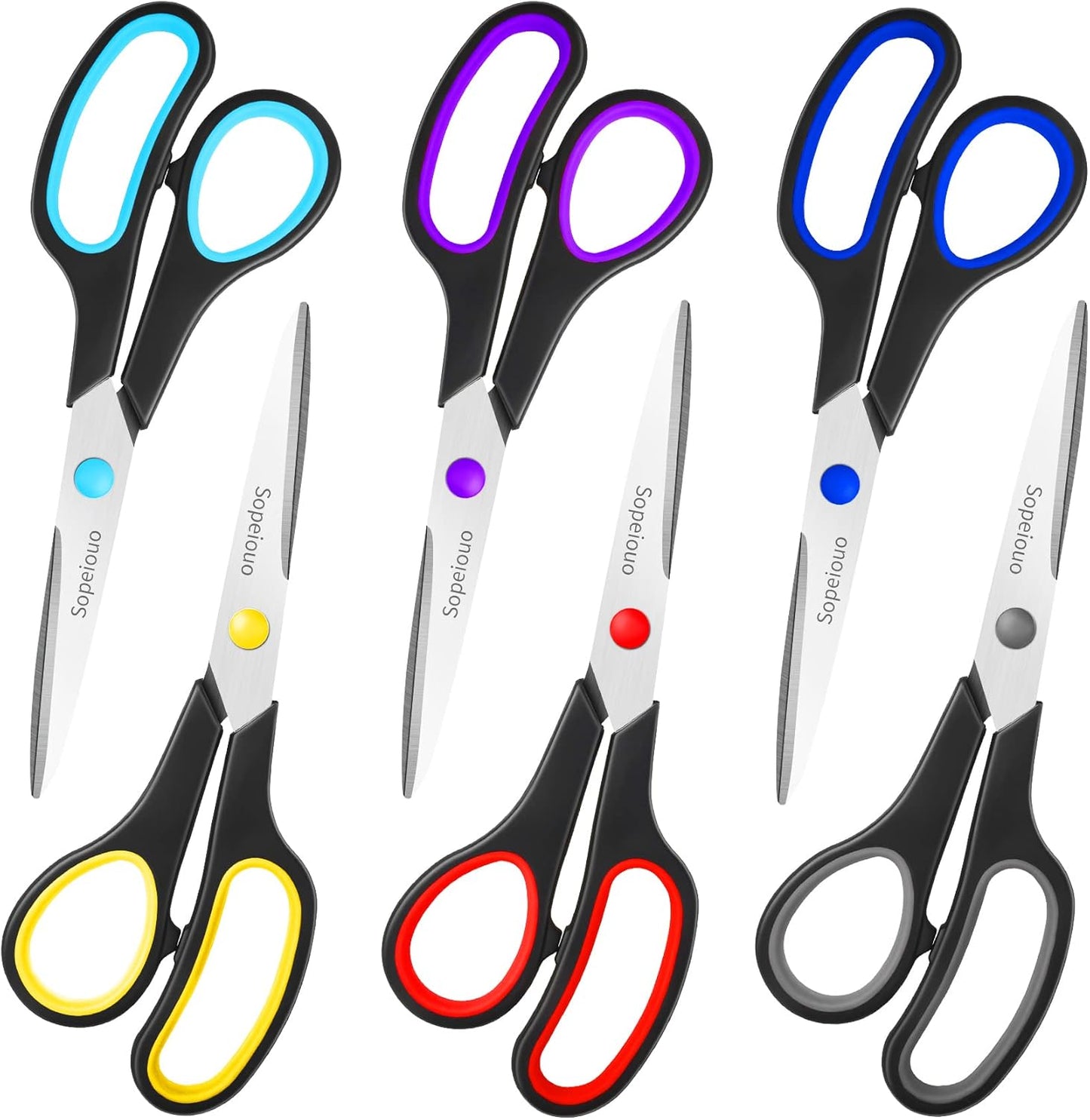 Scissors Set of 6-Pack, 8" Scissors All Purpose Comfort-Grip Handles, Sharp Scissor for Office Home School Craft Sewing Fabric Supplies, High/Middle School Student Teacher, Right/Left Hand