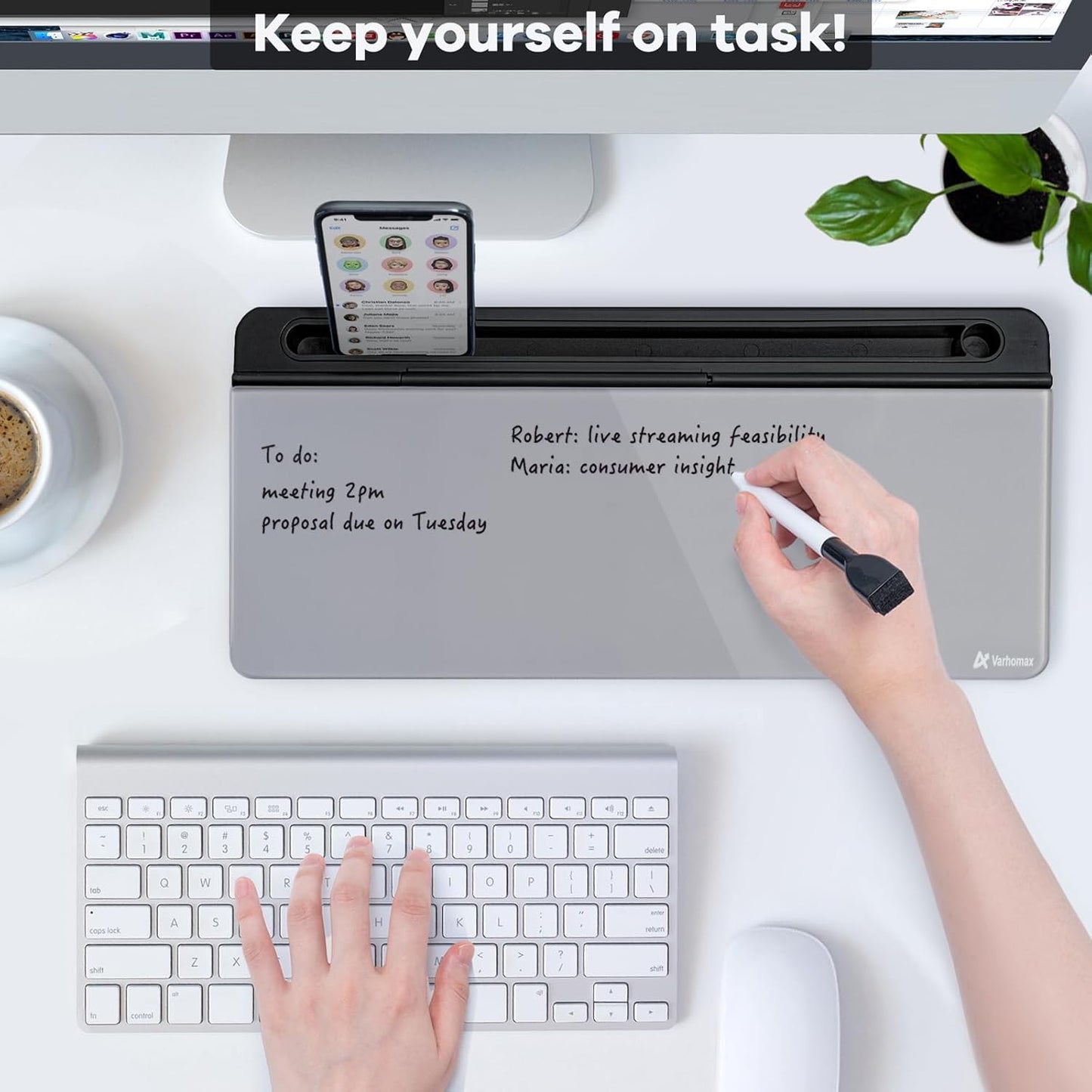 Varhomax Glass Desk Whiteboard with Storage, Desktop Organizer to-do List Memo Notepad Dry Erase White Board for Home Office and School Supplies (Black&Gray)