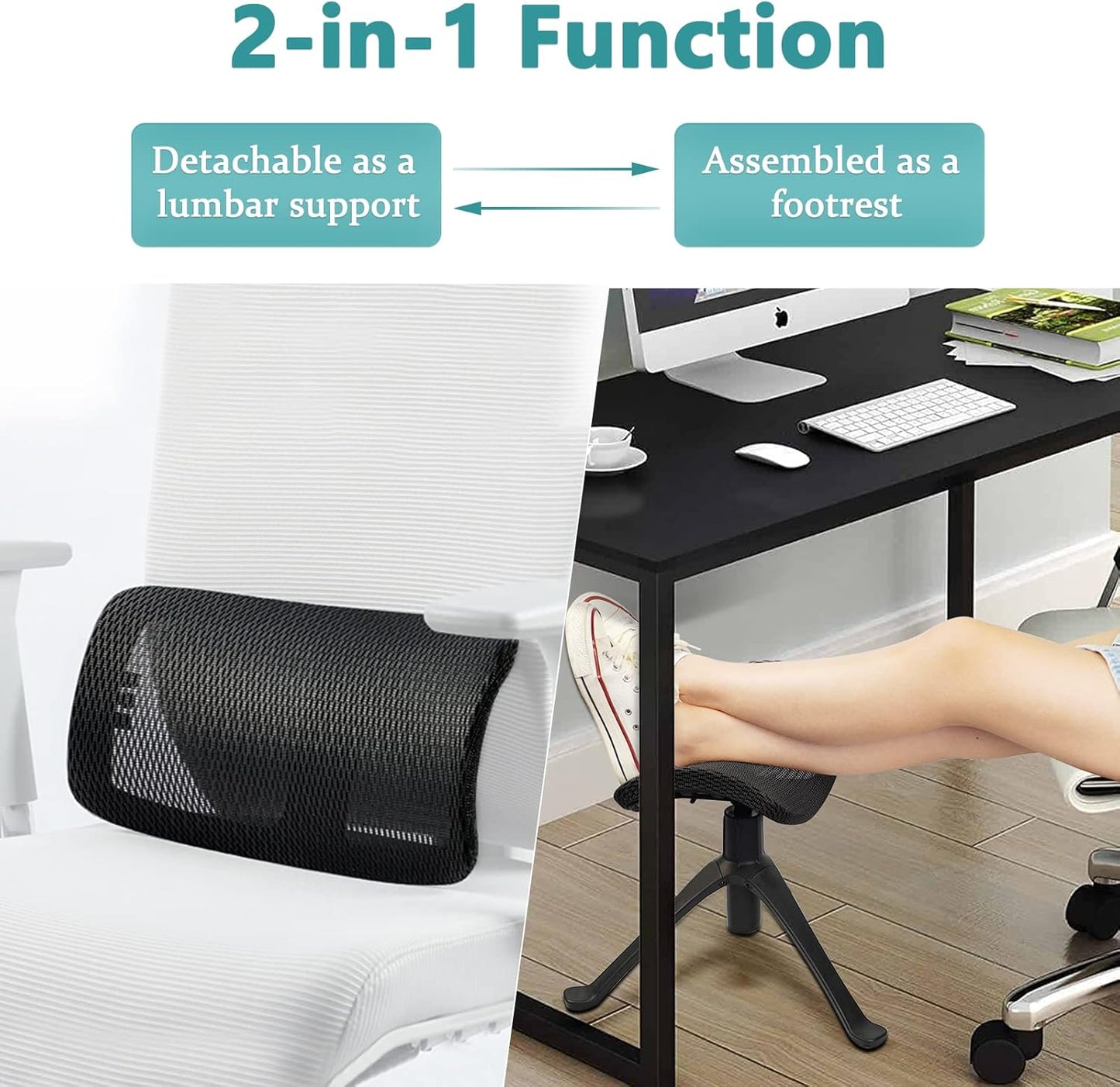 Footrest for Desk Adjustable Height 2-in-1 Function Rotatable Ergonomic Under Desk Footrest Ottoman Stool Rolling Leg Rest for Home Office (Black)