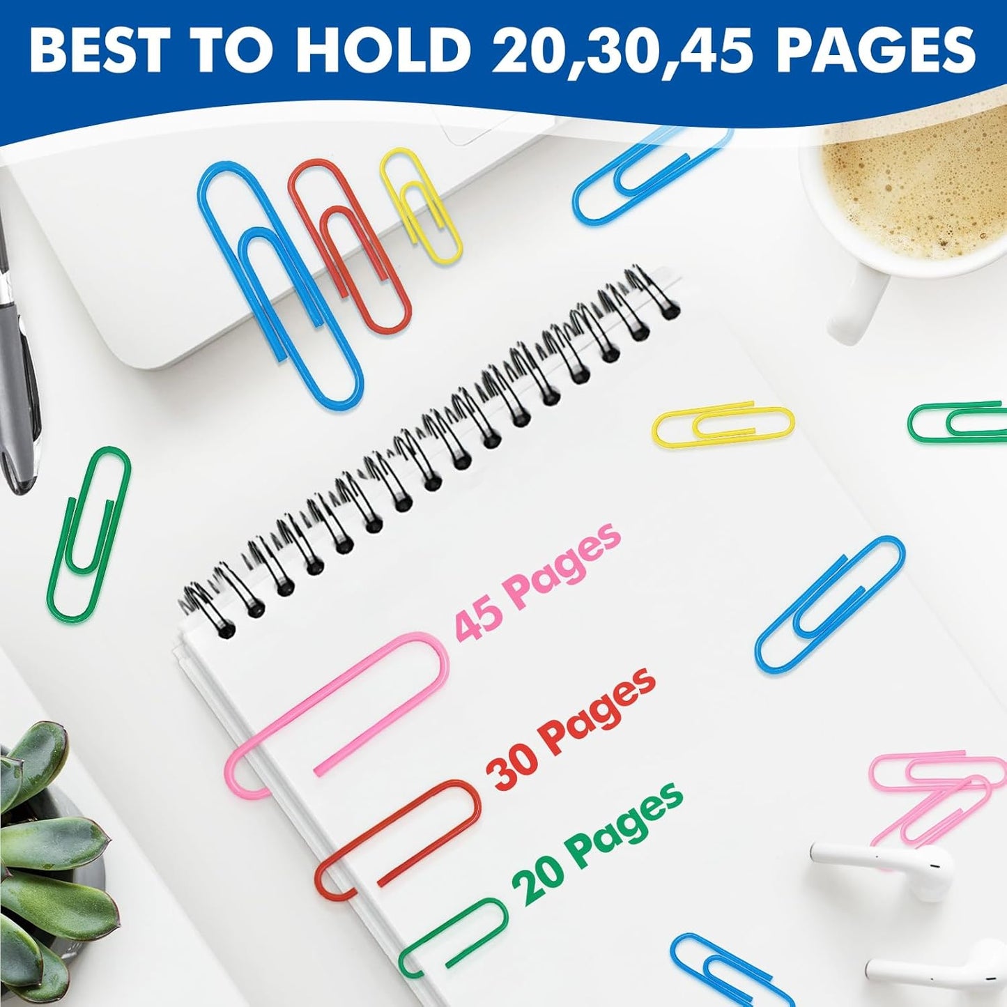 1000 Paper Clips Assorted Sizes, Large, Medium, and Small Colored Paper Clips, Durable, Rustproof, Great for Office Supplies, School, Home Organization(50mm, 33mm, 28mm)