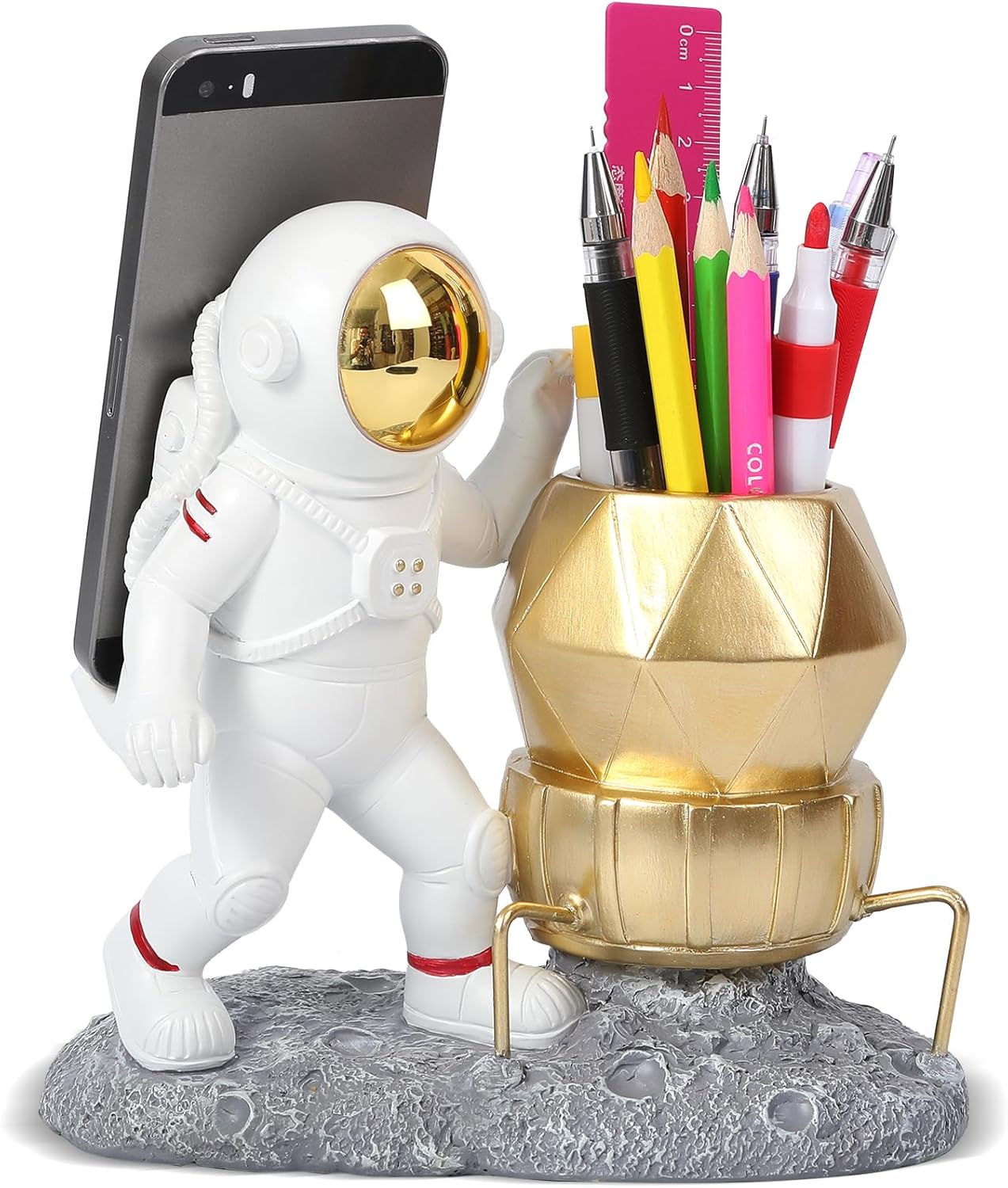 Astronaut Pen Pencil Holder with Phone Stand Resin Spaceman Pencil Holder Desk Pen Holder Organizer Decorative Accessories Suitable Office Classroom Home Creative Gifts for Adults and Kids