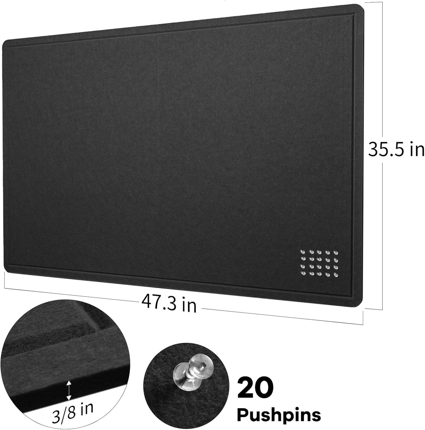 Large Bulletin Board - 48 x 36 Inches, Decorative Felt Pin Board for Wall - 4' x 3' Foldable Photo Display Board with Self-Adhesive Tape, Includes 20 Push Pins - Black