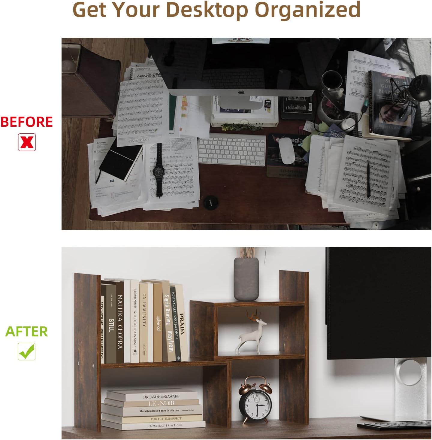 TY ARTS & CULTURE - Expandable Wood Desktop Storage Organizer Multipurpose Desk Bookshelf Display Shelf Rack Counter Top Bookcase for Office Home | Natural Brown