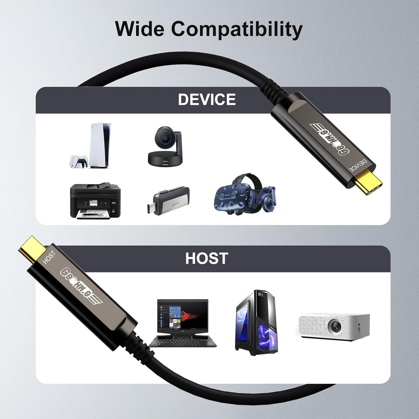 GeoHN.G USB C to C Fiber Optic Cable 10M/33FT, USB 3.2 10Gbps Long Distance Data Transfer USB C Extension Cable for VR, Camera, Mini PC, Laptop, Webcam, Printer and More