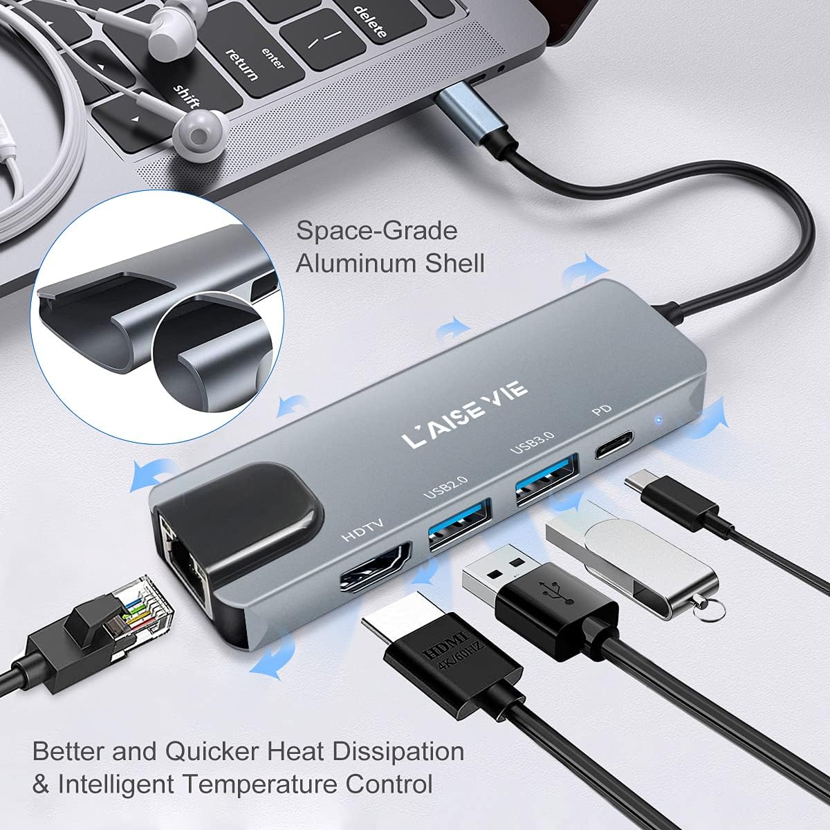 USB C Hub, 5 in 1 USB C 4K@32Hz HDMI Adapter with Ethernet Port, 100W Power Delivery PD Type C Charging Port, USB 3.0& 2.0 Adapter Compatible for MacBook Pro, Chromebook, XPS, and Devices