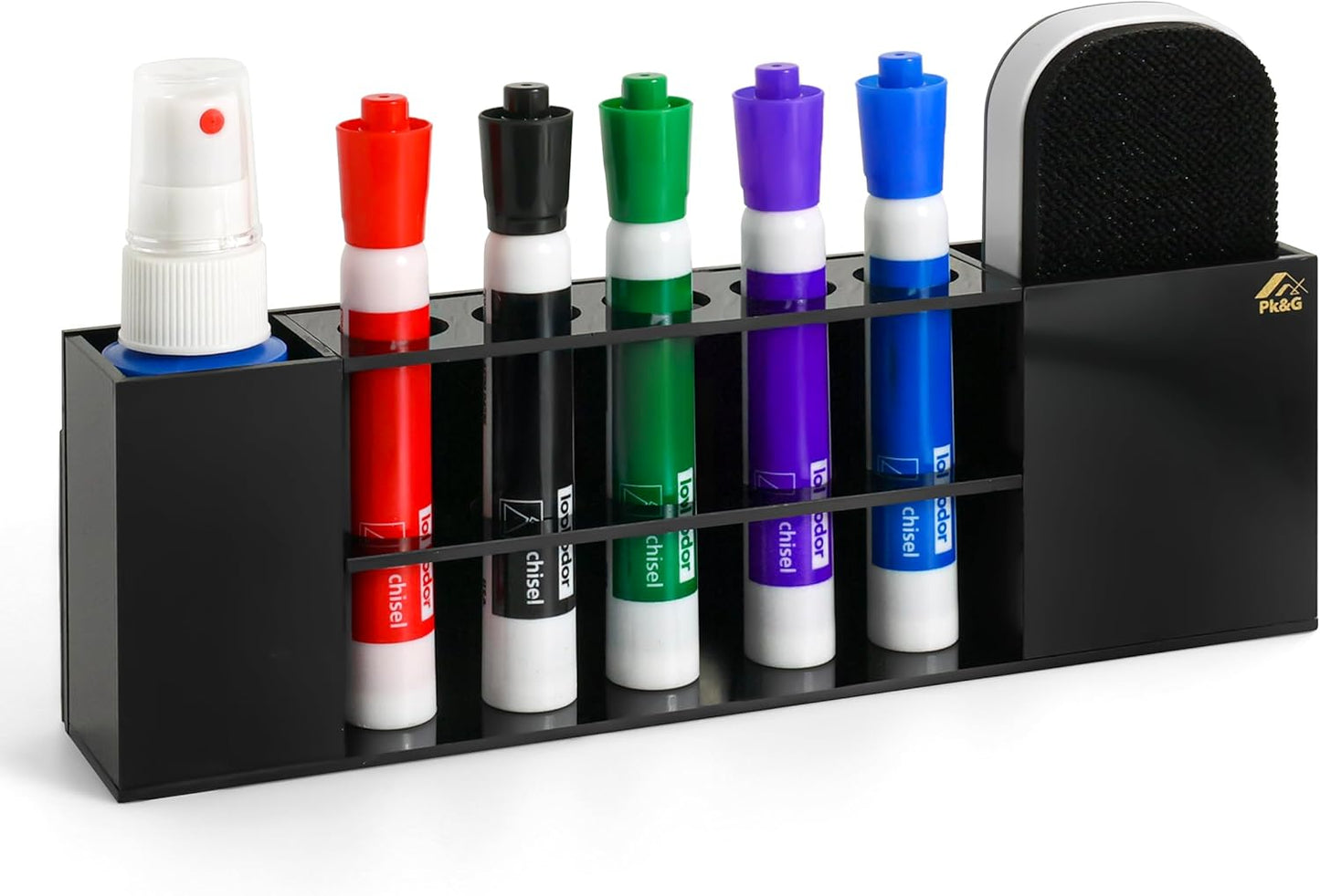 Pk&G Slim Magnetic Dry Erase Marker Holder for Whiteboard, Space Saving Pen Organizer with Glass and Wall Mount Accessories for Fridge, Office, and School. (Black)
