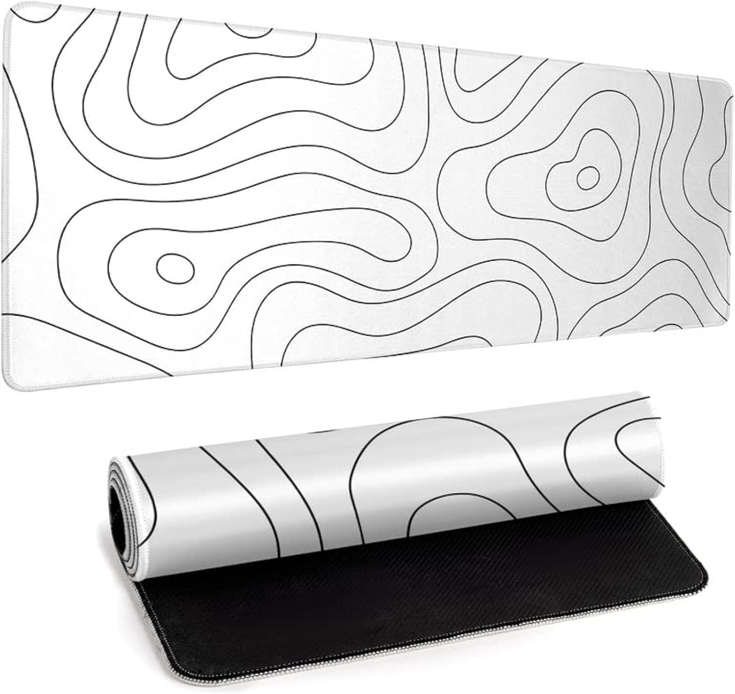 White Large Gaming Mouse Pad Desk Pad Topographic Map Big Keyboard Mat 31.5x11.8inch Computer Mousepad with Stitched Edge Non-Slip Rubber Base