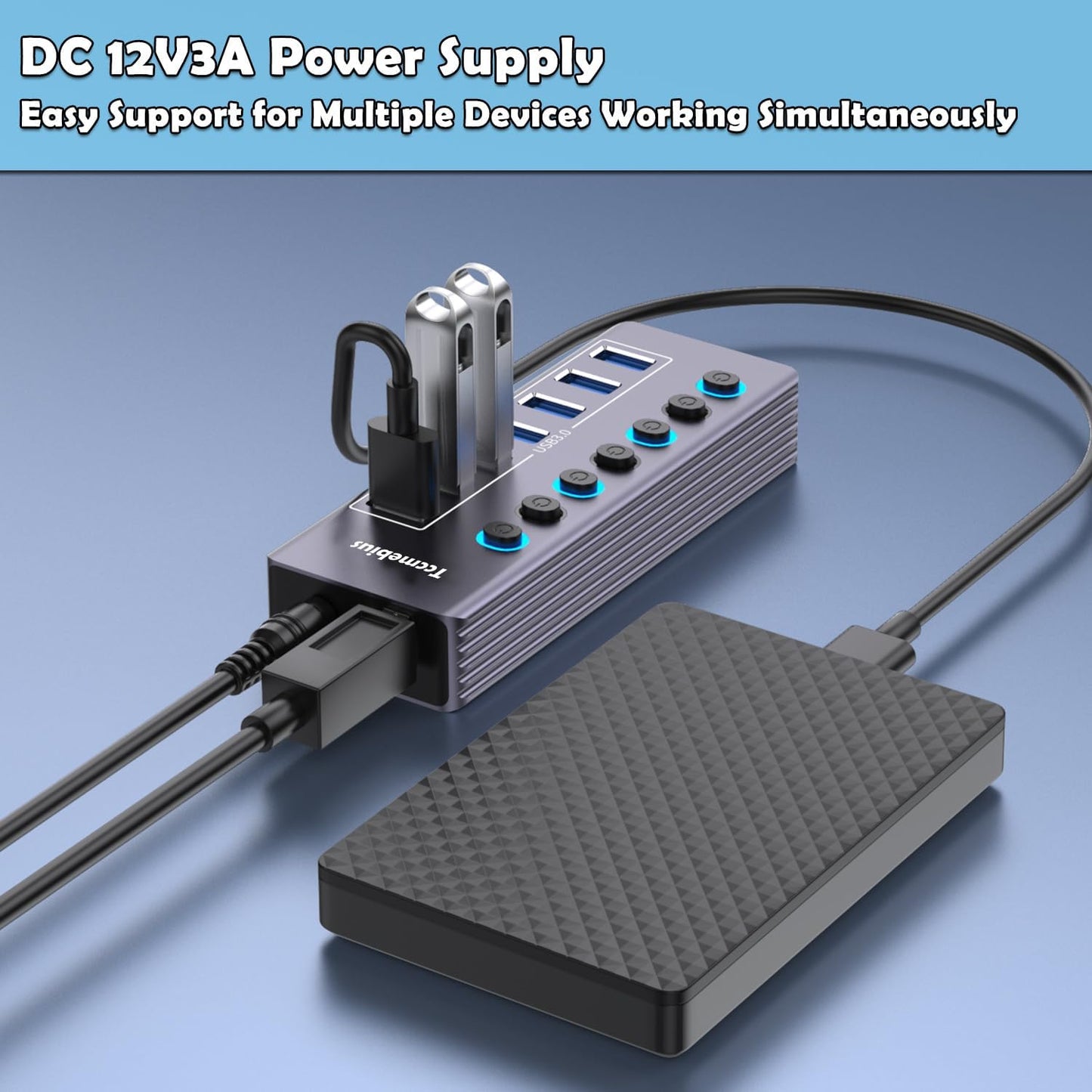 Powered 7-Port USB 3.0 Hub, USB C to 7 Ports USB Data Hub Splitter with Individual LED On/Off Switche, 3.3FT Cable, 12V/3A Power Adapter, for Laptop MacBook Pro/Air PC (Aluminum Gary)