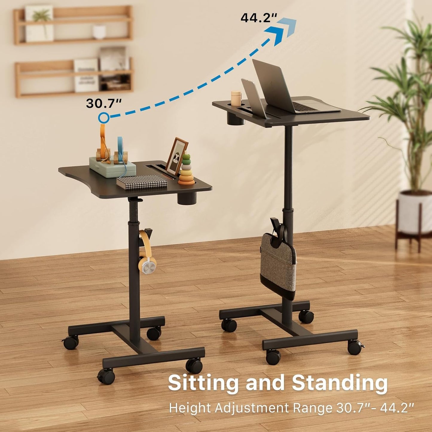 Mobile Standing Desk, 28 inch Rolling Standing Laptop Desk with Cup Holder, Mobile Desk Workstation with Wheels, Portable Computer Desk Cart with Hook for Home Office, Black