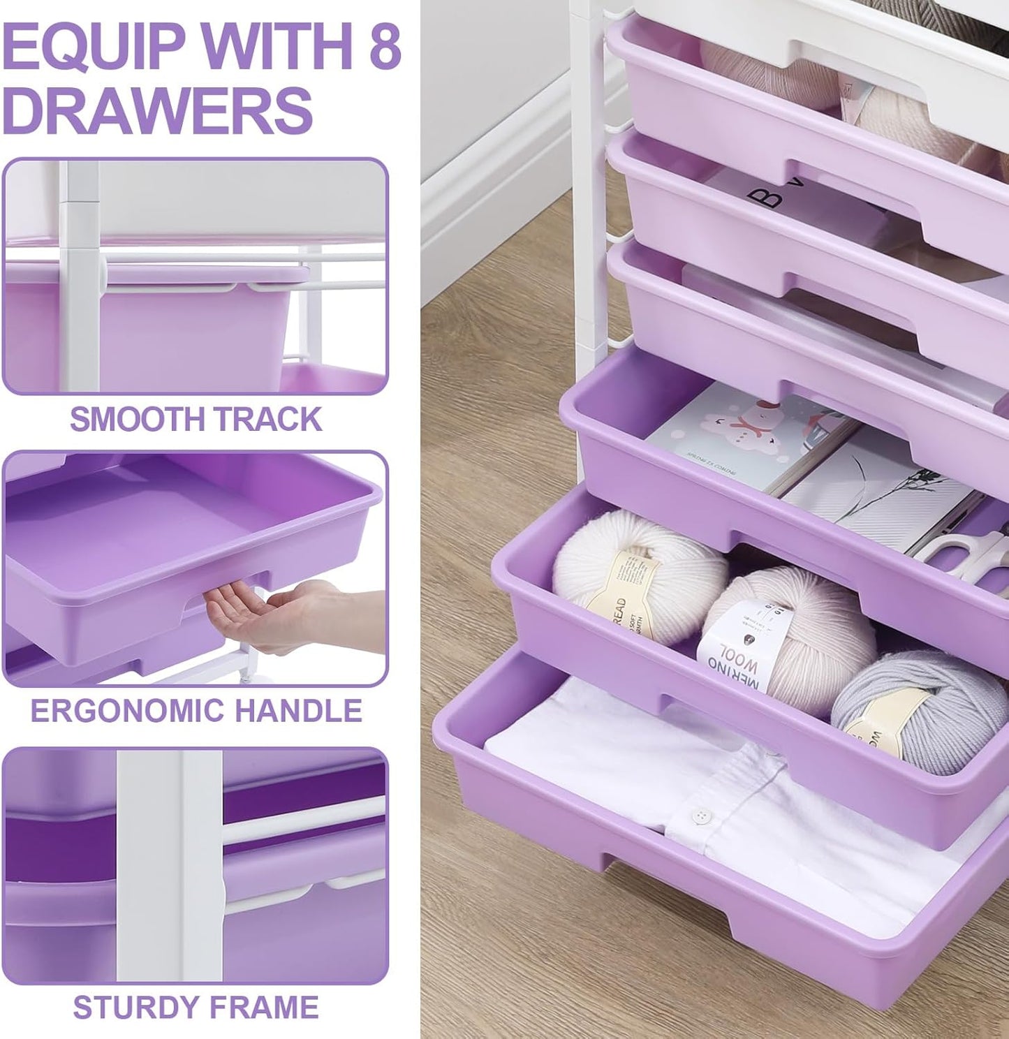 Rolling Cart with Drawers,Utility Cart With 8 Drawers and Wooden Tabletop for Living Room,Classroom,Bedroom,Bathroom,Dorm,Office,Purple