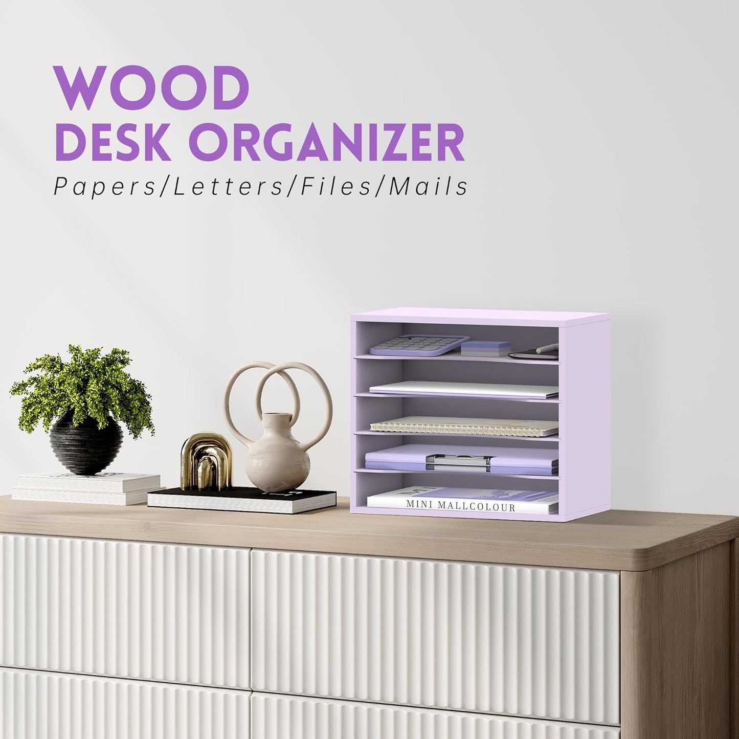 SUPEASY Wood Desk Organizer, 5 Tier Paper File Organizer for Desk, Wooden Desktop Organizer, Paper Letter Literature Mail Sorter, for Office School & Home Organization, Purple