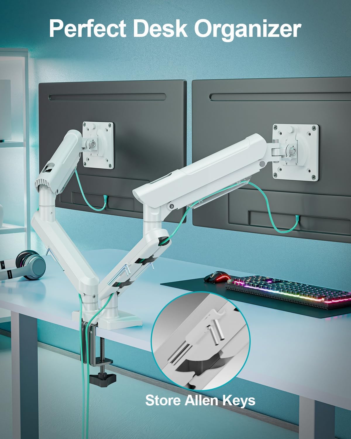 Dual Monitor Desk Mount, 13-32 inch Adjustable Gas Spring Monitor Arm, Computer Display Stand Holder with Clamp and Grommet Base, Fits 4.4 to 22lbs Screens, VESA Mount Bracket, White, Freelift Pro