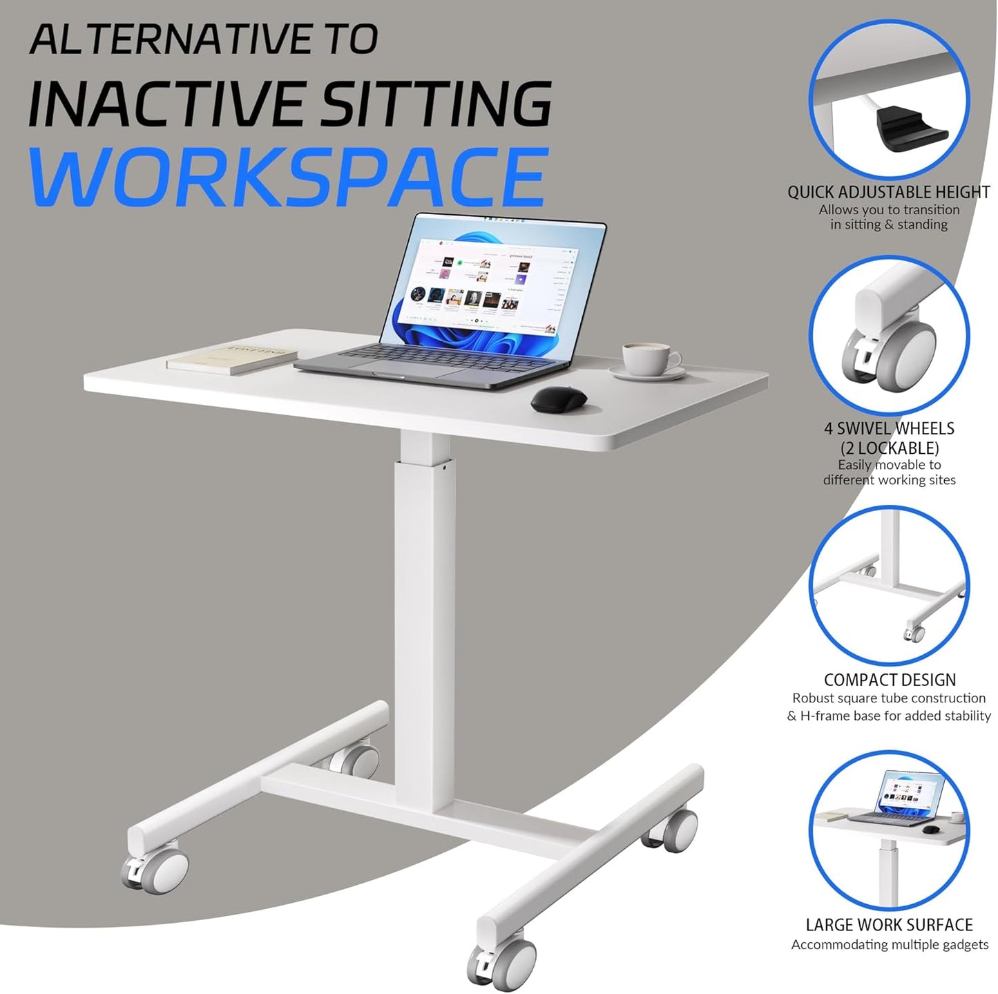 Mobile Laptop Standing Desk Adjustable Height, Small Mobile Desk Workstation with Wheels, Portable Rolling Computer Desk Cart for Home Office Classroom (White)