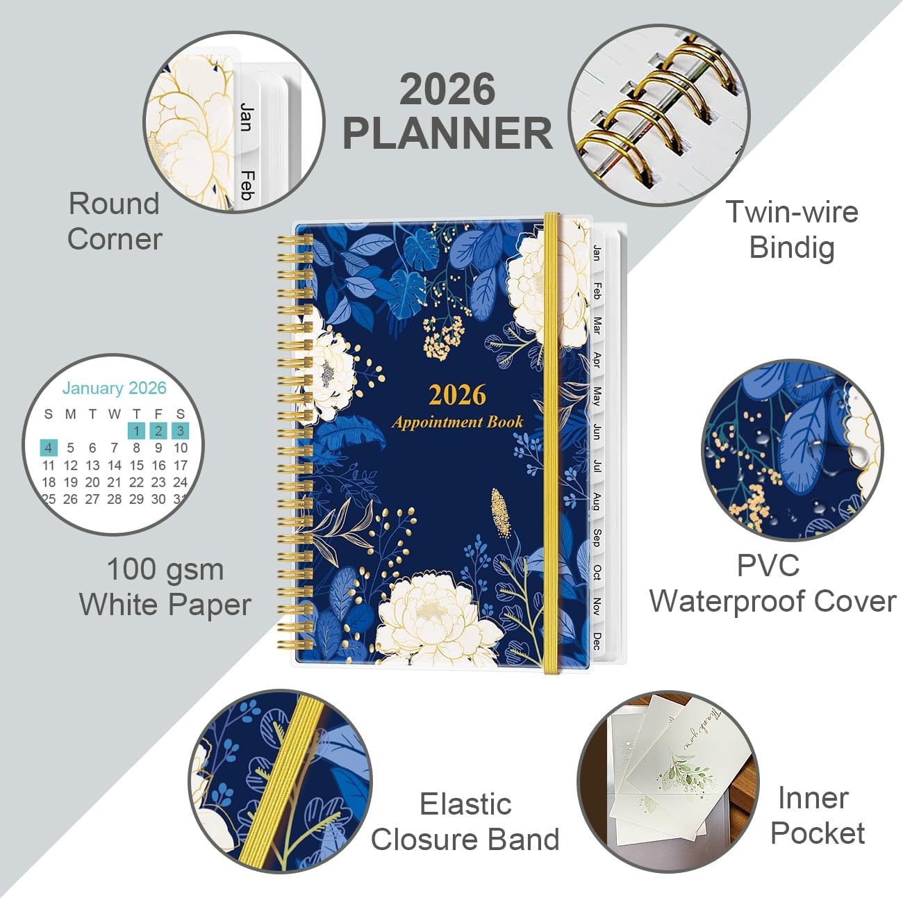 2026 Appointment Book & Planner - 2026 Daily Hourly Planner from January 2026 - December 2026, Weekly Appointment Book with 30-Minute Interval, Medium 6.4" x 8.5", Blue Leaf Flower