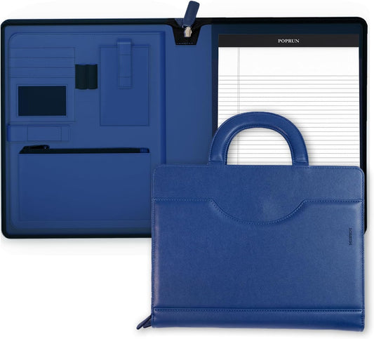 POPRUN Portfolio Binder with Zipper, Leather Padfolio Document Organizer with Storage, Professional Business Briefcase Ideal for Meeting Presentation Work-Includes 50 Sheet Writing Pad, Blue