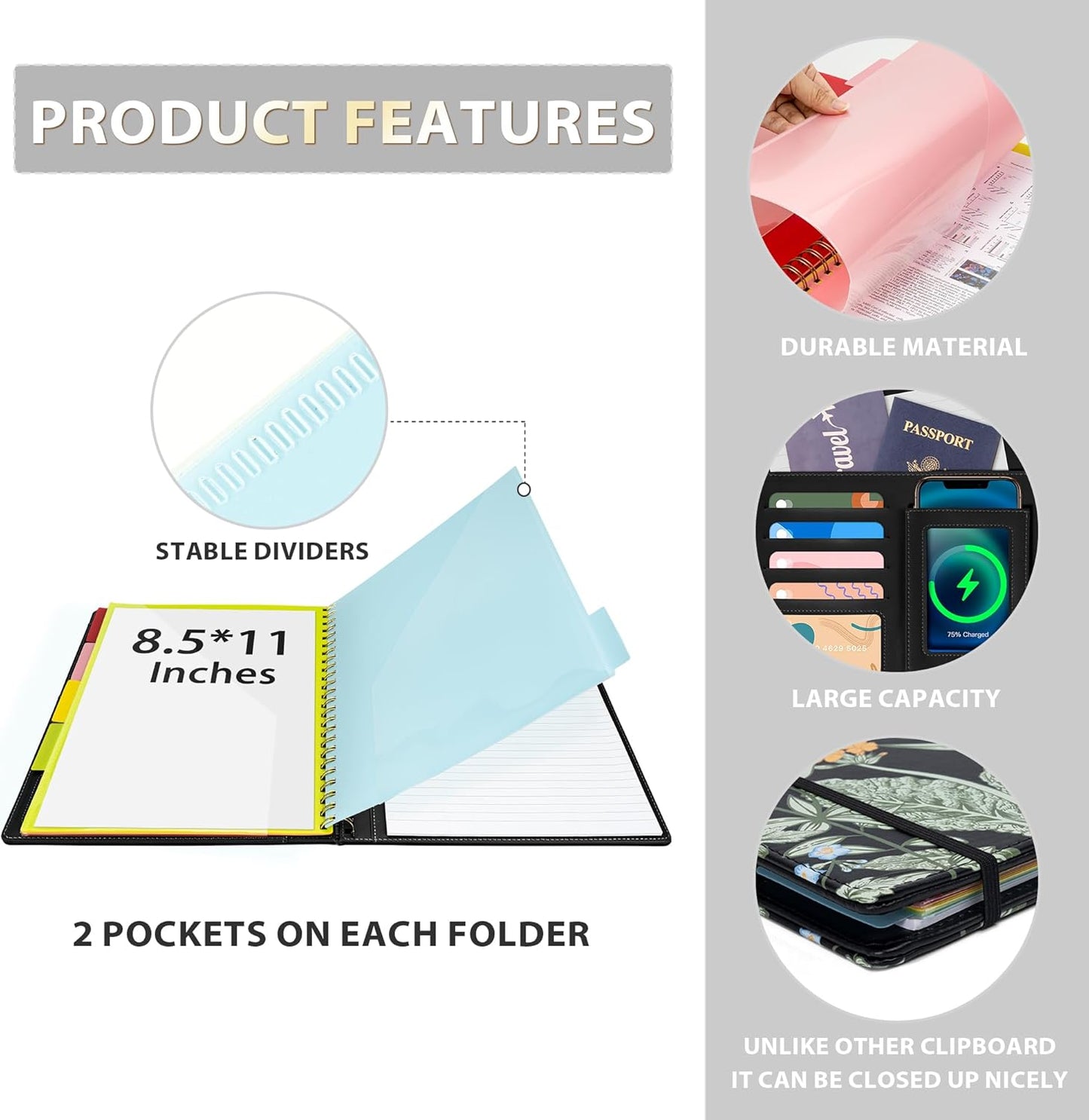 Clipboard with Storage for Men Women, Leather Padfolio Portfolio Organizer 5 Folders with 10 Pockets, Spiral Clipboard Folio with Notepad for Letter Size, Elastic Closure and Pen Loop Floral