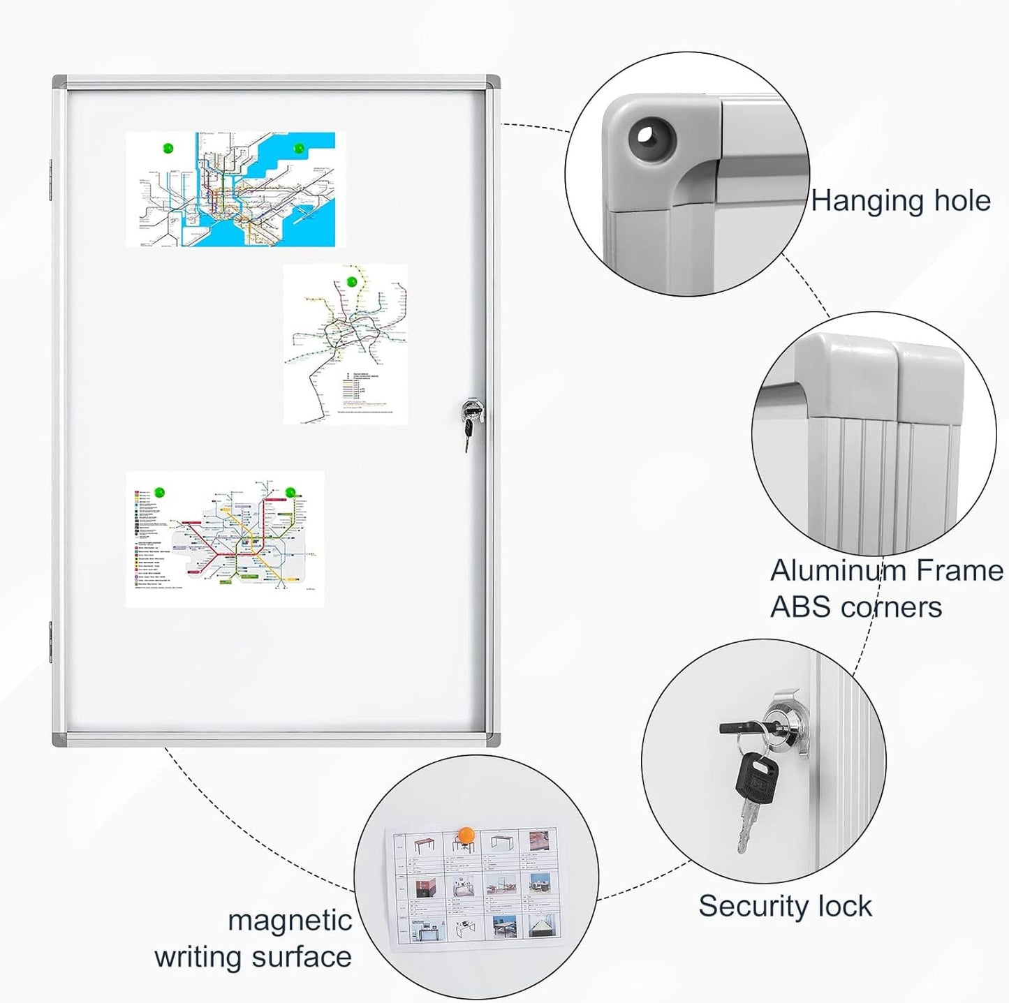 Lockable Magnetic Enclosed 36x24 inches Dry-Erase whiteboard, Tamper-Resistant Wall-Mounted Display whiteboard, Aluminum-Framed Window whiteboard (White)