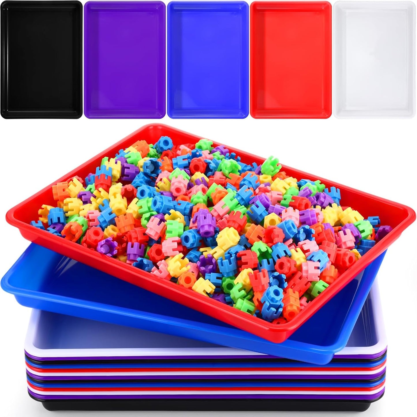 Maitys 15 Pcs Flat Plastic Trays 16.1 x 11.8'' Sensory Storage Tray Paper Stackable Classroom Bins for Office Home Organizer Arts and Crafts Supplies(Mixed Color)