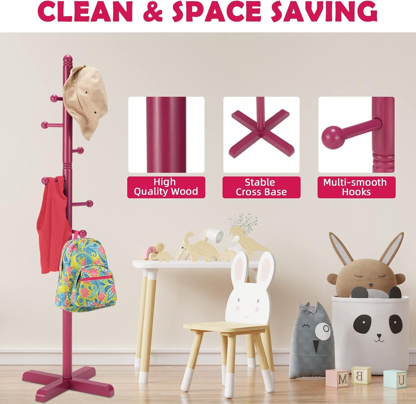 Kids Coat Rack, Freestanding Coat Racks with 8 Hooks 2 Adjustable Height, Tree Coat Rack for Bedroom, Hallway, Entrance, Office, Hats, Handbags,Purse (Dark-Rose)