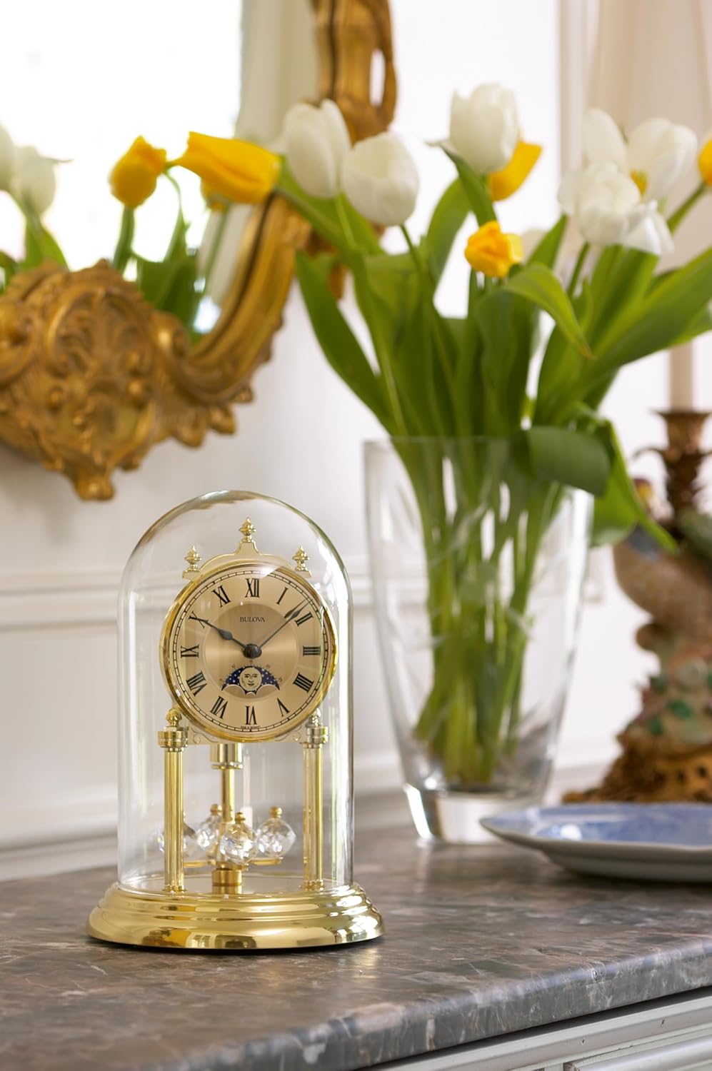 Bulova Tristan I Desk and Table Clock | Model B8818 | Polished Brass Finish | Polished Metal Base | Floating Dial | Roman Numerals | Elegant Pendulum Design