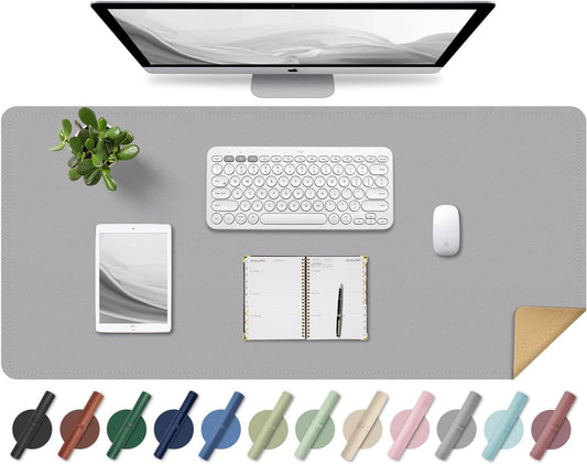 Non Slip Desk Mat, 31.5" x 15.7" PU Leather Desk Pad, Cork Desk Mat for Desktop, Desk Pad for Keyboard and Mouse, Ideal for Office and Home, Light Grey