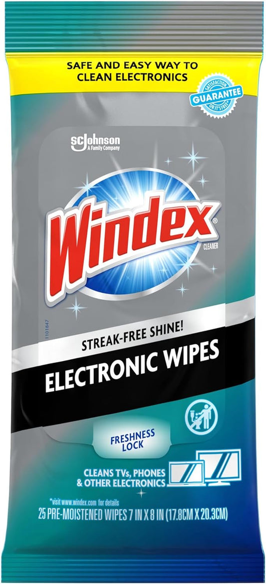 Windex Electronic Cleaning Wipes, Pre-Moistened Screen Wipes for TVs, Phones, and Other Electronics, Resealable for a Freshness Lock, 25 Count