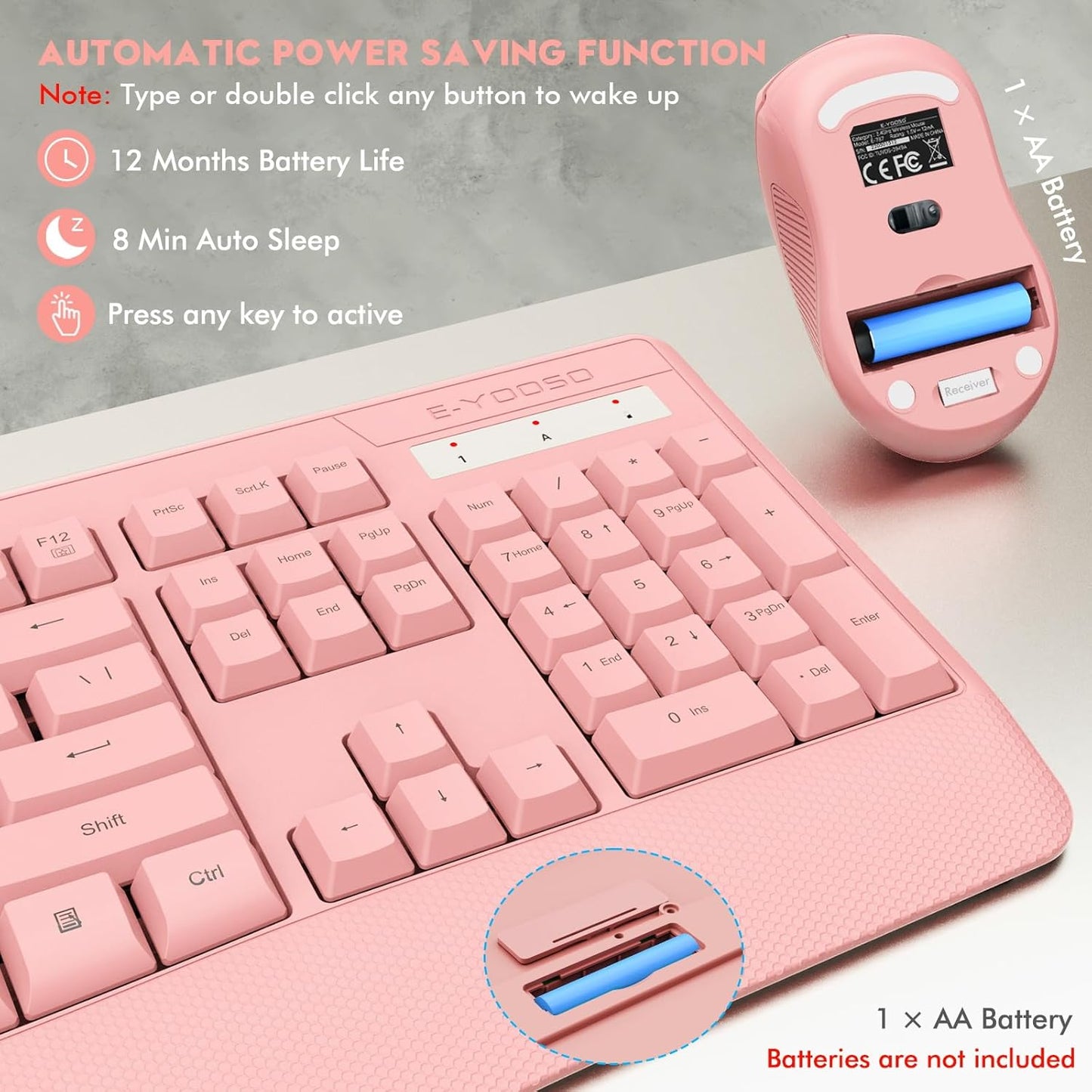 Wireless Keyboard and Mouse Combo, E-YOOSO 2.4GHz Full Sized Ergonomic Wireless Keyboard with Wrist Rest, 3 DPI Adjustable and 6 Buttons Cordless USB Mouse for Computer, Laptop, PC, Windows (Pink)