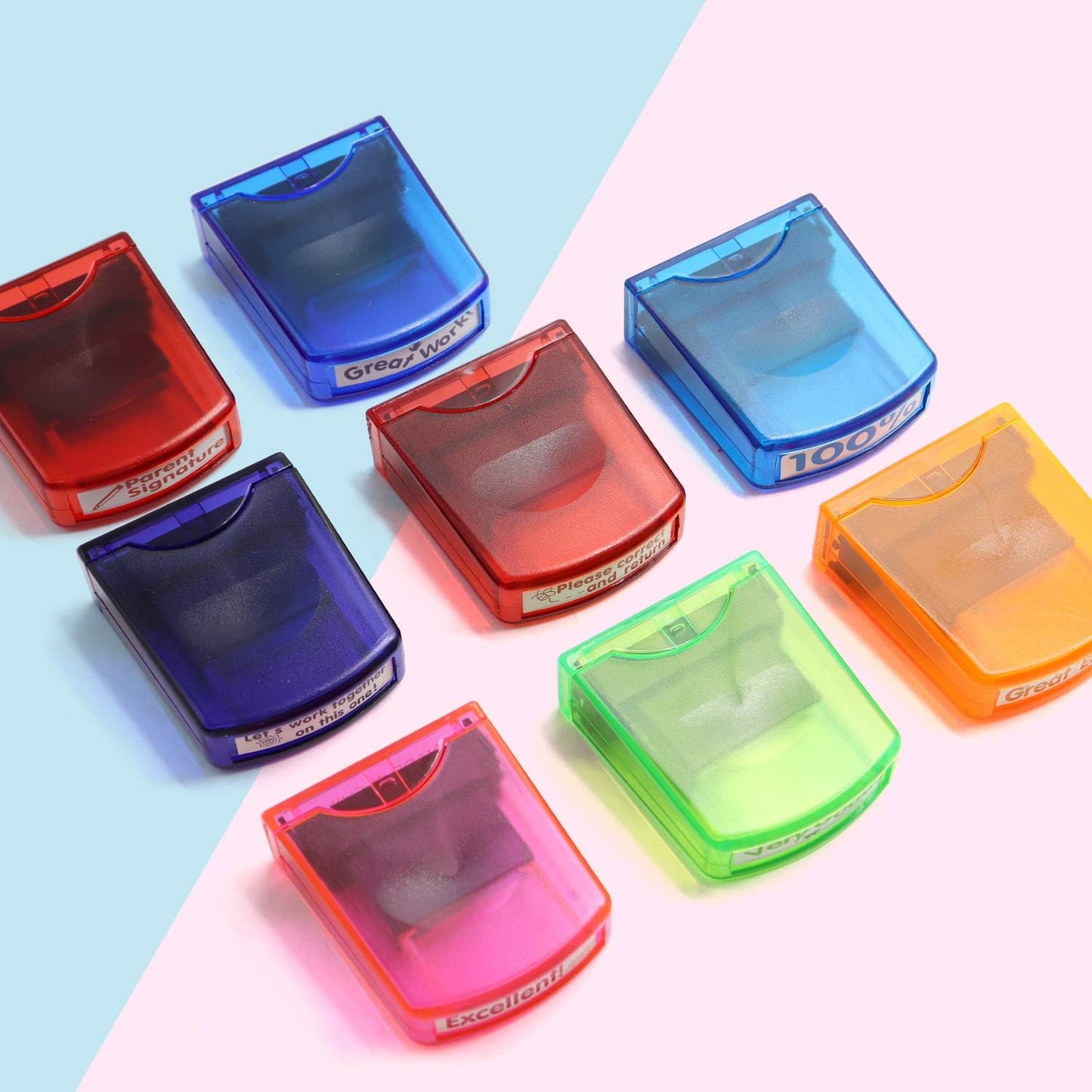 Reliancer Colorful Self-Inking Motivation School Grading Teacher Stamp Set and Tray (8-Piece)