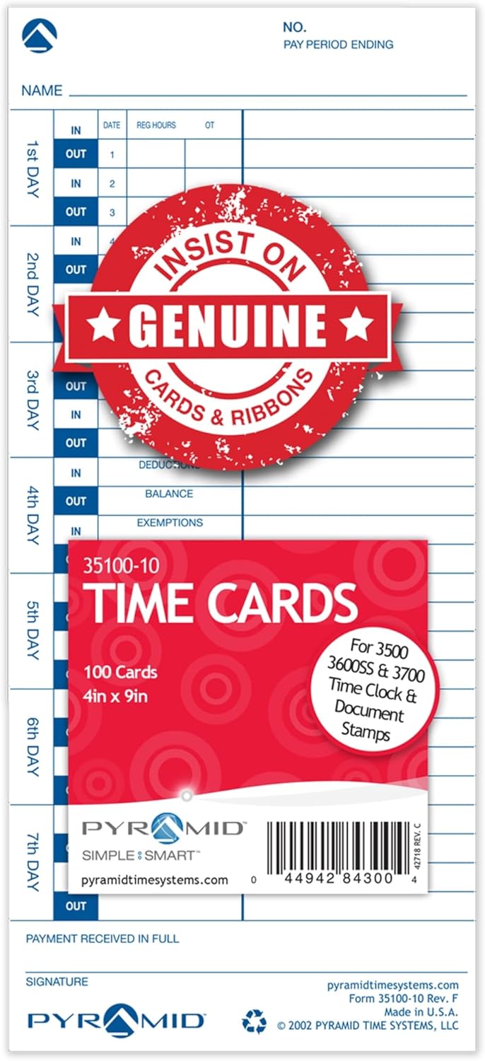 Pyramid™ 30% Recycled Time Cards For Pyramid Models 3500 & 3700, 4" x 9", Pack Of 100