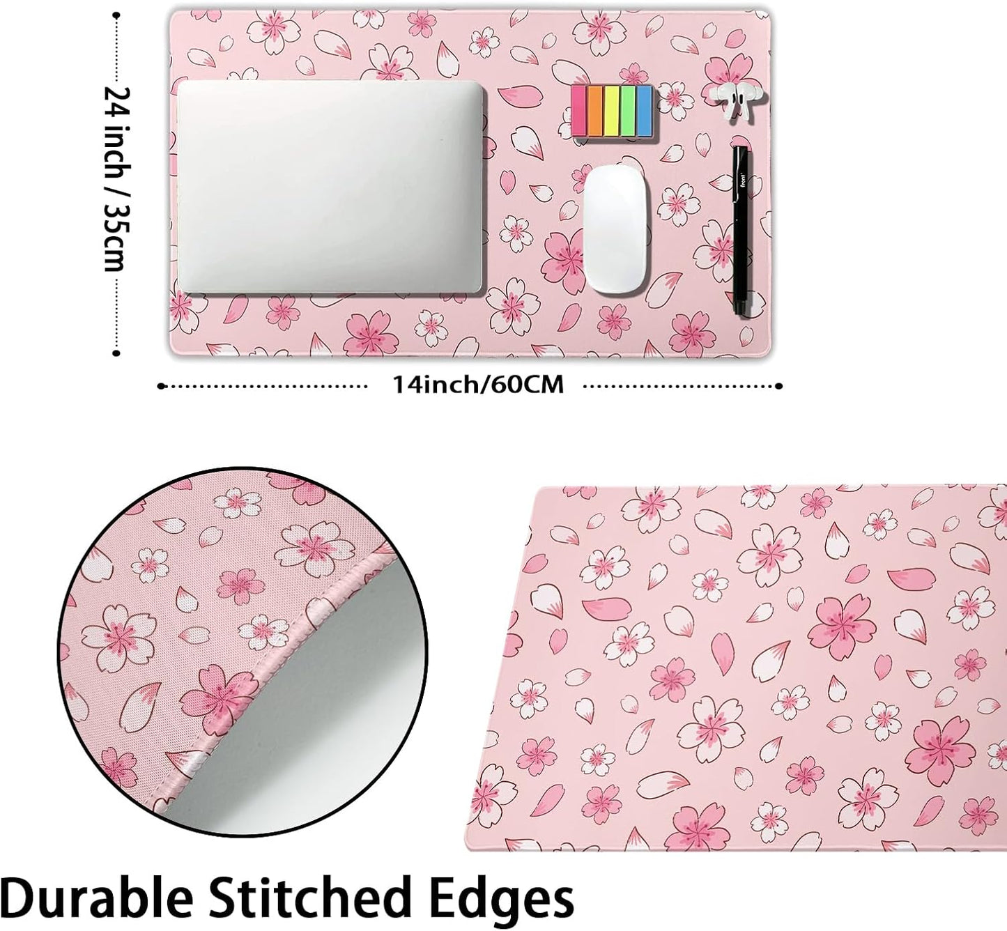 Pink Cherry Blossom Gaming Mouse Pad Large XL Cute Anime Aesthetics Floral Extended Kawaii Flowers Large Mousepad Non-Slip Rubber Base Stitched Edge Long Keyboard Desk Mat for Computer,24x14 Inch