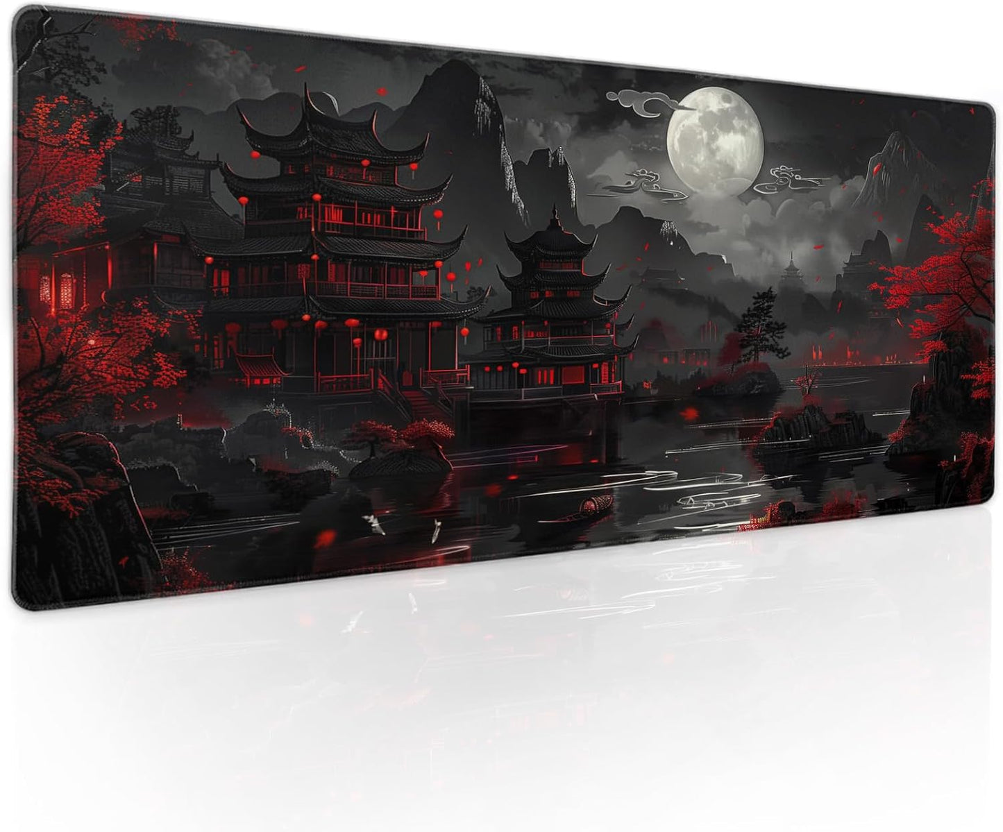 Full Moon Night Gaming Mouse Pad XLBlack Red Mountain Japanese Extended Large Mat Mousepad Desk Pad Non-Slip Rubber Base Stitched Edge Long Keyboard Pad for Computer,31.5×11.8 Inch