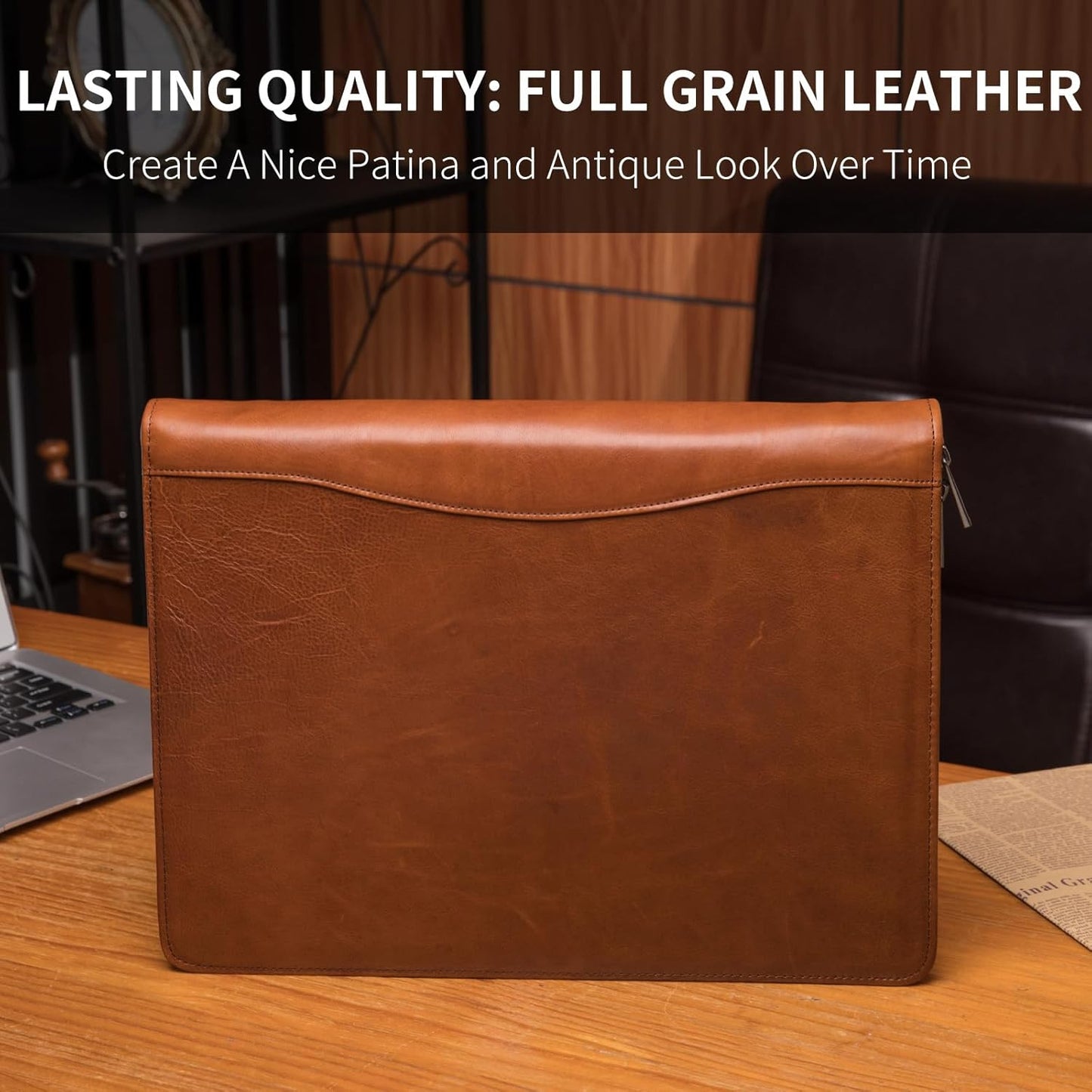 Personalized Genuine Leather Portfolio, Legal Size 8.5 x 14 Pad Holder, Custom Engraved Business Padfolio for Men Women, Zippered Laptop Organizer, Professional Notepad Folio, Brown, Oil Tanned
