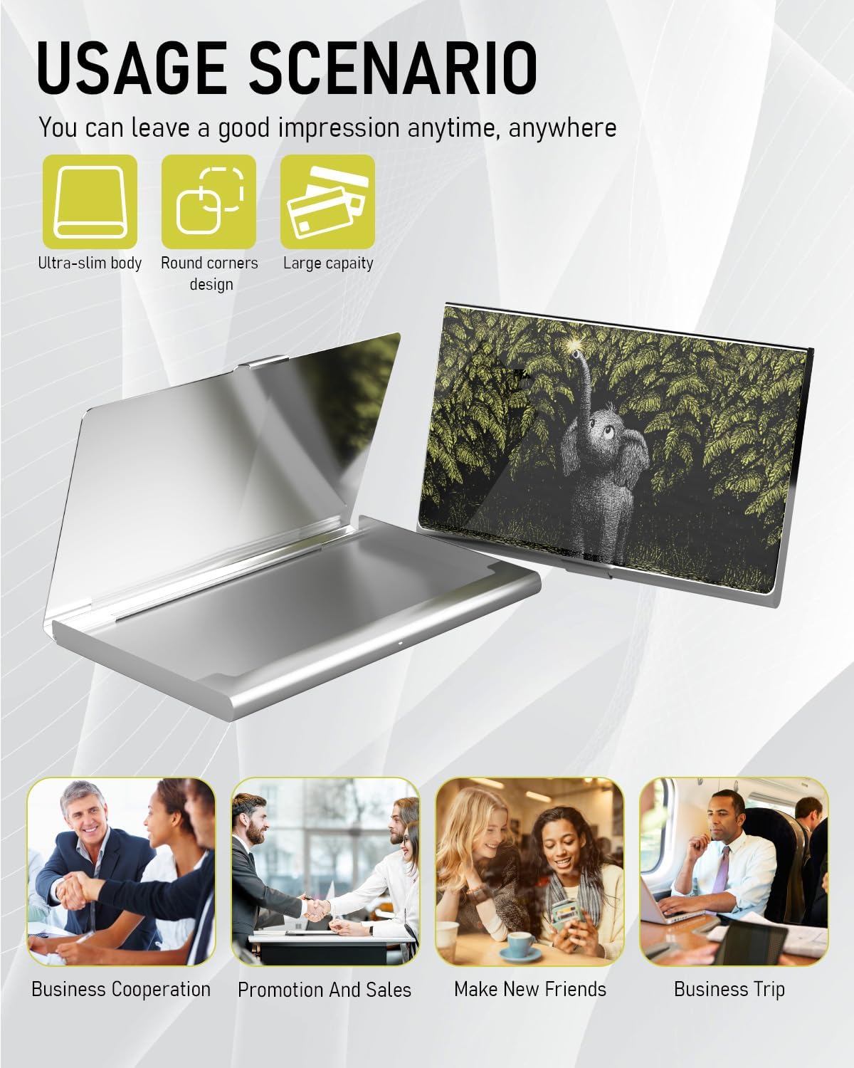 Business Card Metal Slim Organizer, Professional Stainless Steel Square Pocket Wallet for Office Workers, Compact and Portable for Pockets (Elephant A)