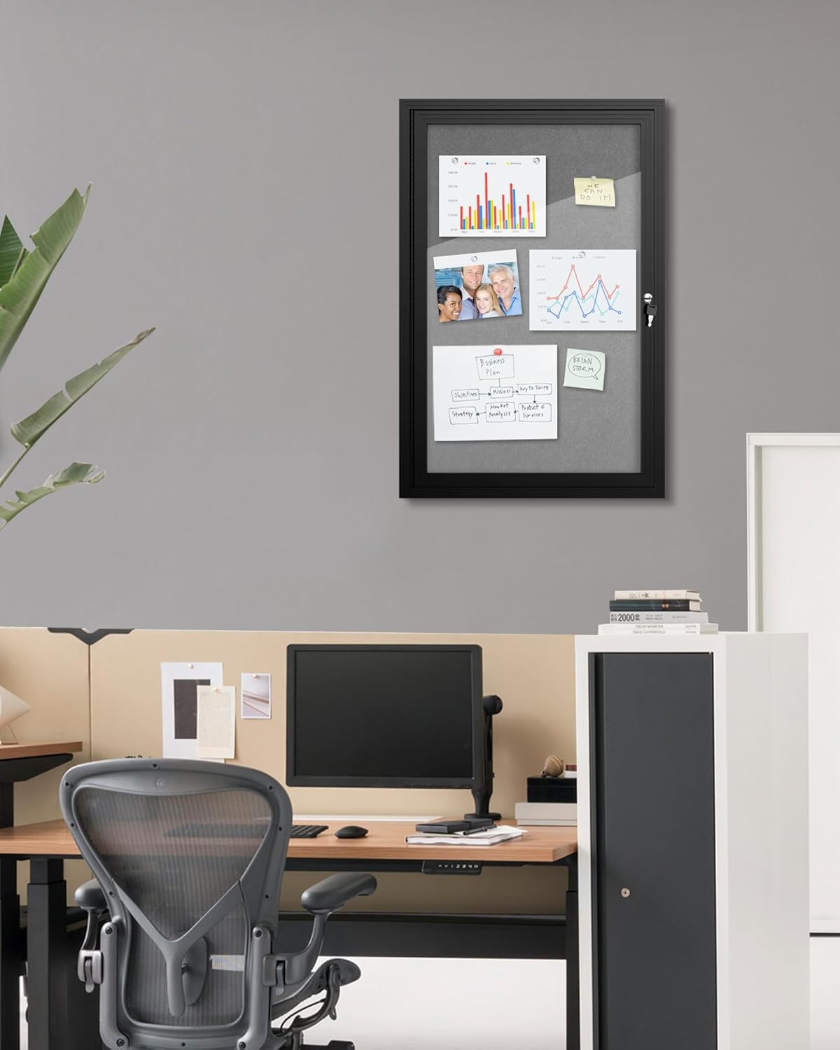 36"x24" Enclosed Bulletin Board, Outdoor Lockable Weather-Resistant Aluminum Cork Noticeboard for School & Office, Black Frame w/Grey Flet