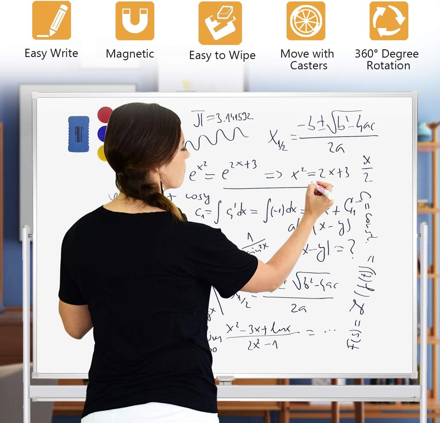 H-Qprobd Rolling Whiteboard with Stand 48"x36" Double-Sided Mobile Magnetic Dry Erase Board on Wheels for Home, Office & School