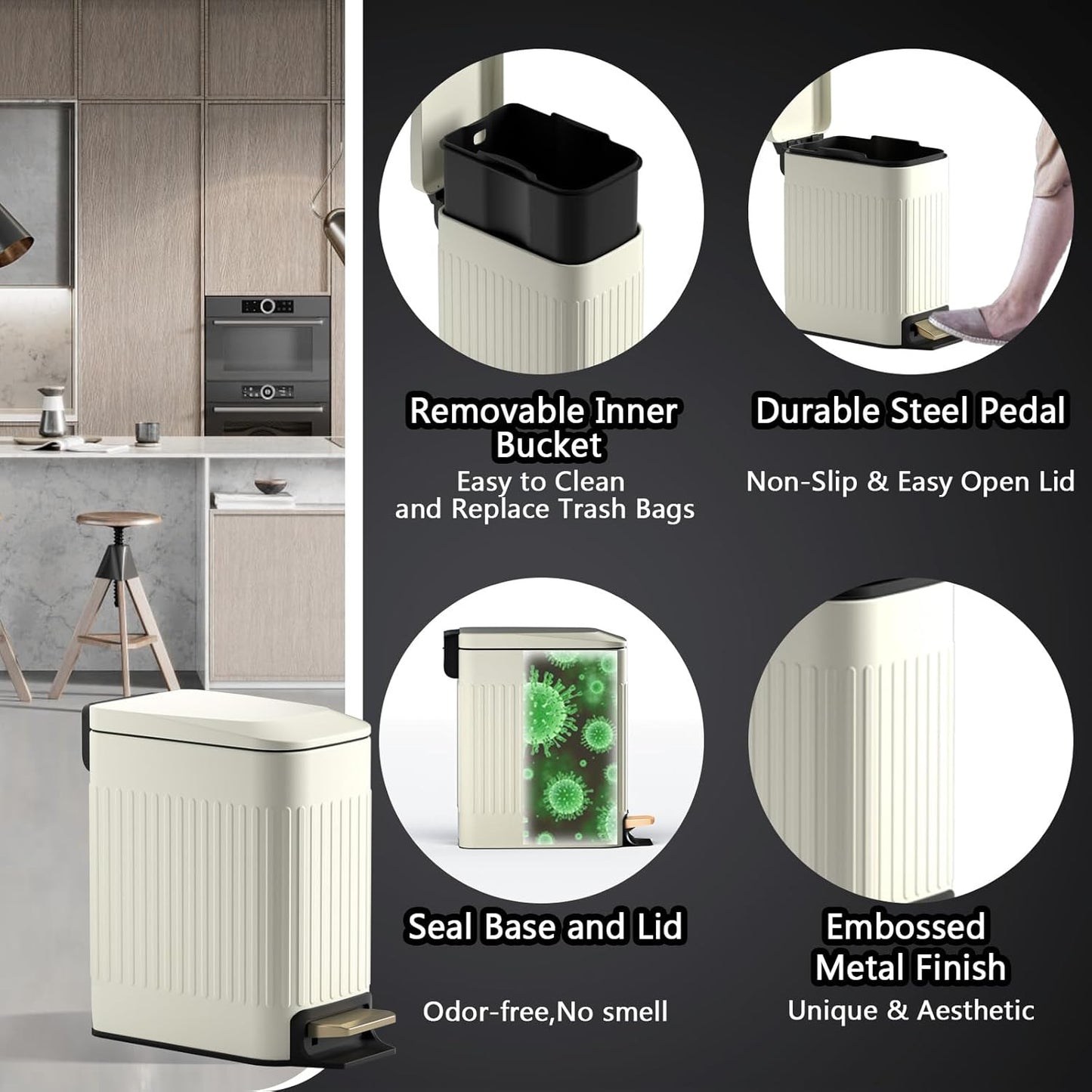 Small Bathroom Trash Can with Lid Soft Close-6L/1.6 Gal Slim Step Garbage Can-Metal Pedal Wastebasket-Narrow Rectangle Garbage Container Bin for Corner Office, Bedroom, Toilet, Live Room-Beige