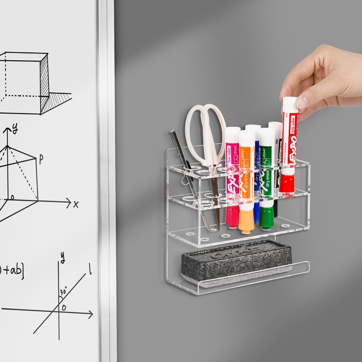 Dry Erase Marker Holder, 2 PCS Wall Mounted Acrylic Marker Holder with 10 Slots, Sticky Pen Storage for Classroom Organization, Whiteboard, Office, Clear
