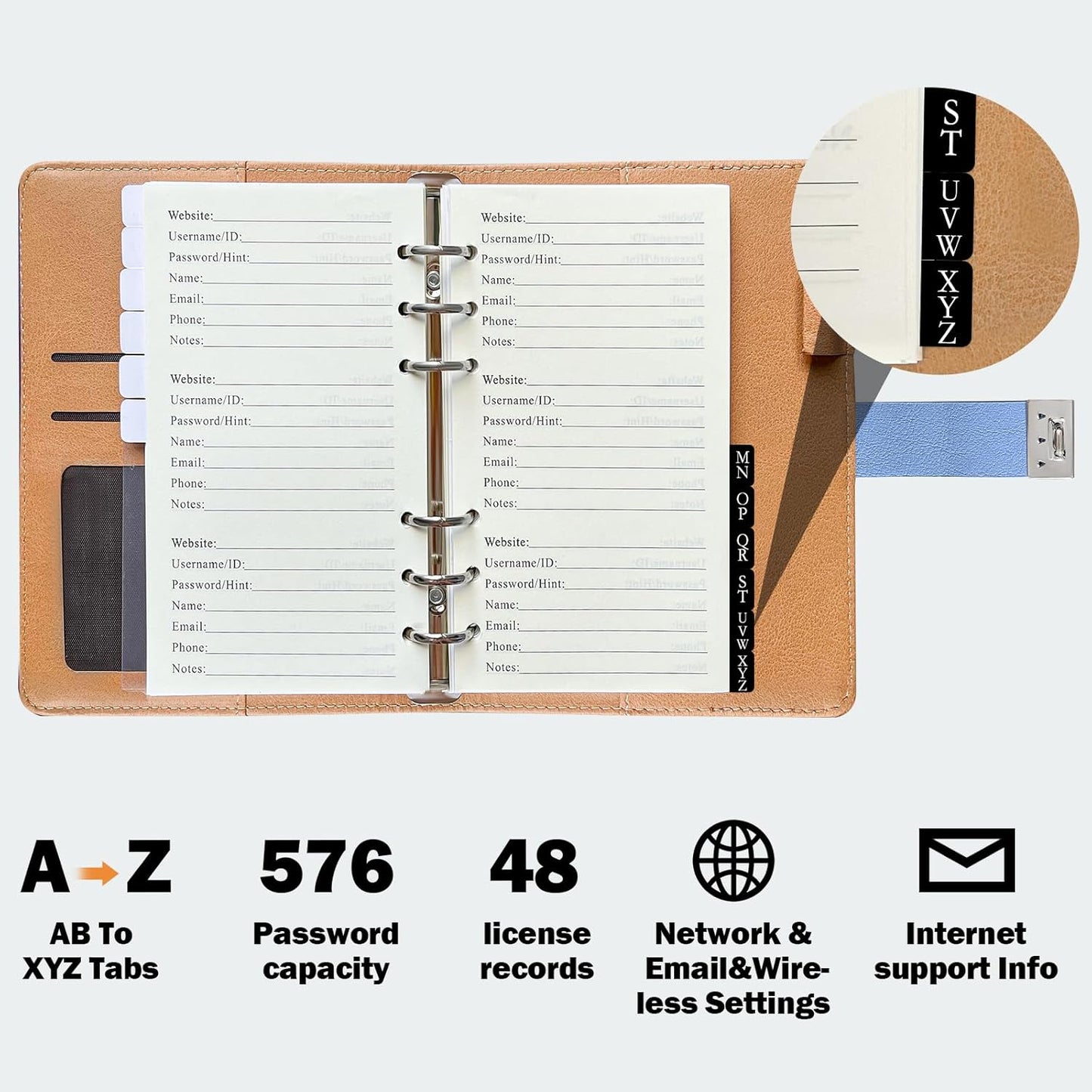 BTSFTOGET Refillable Password Book Binder with Alphabetical Tabs and Lock, 576 Passwords Large Print, 316 Pages Password Keeper for Computer & Website Logins & Phone, Blue PU Hardcover, 7.5in x 5.5in