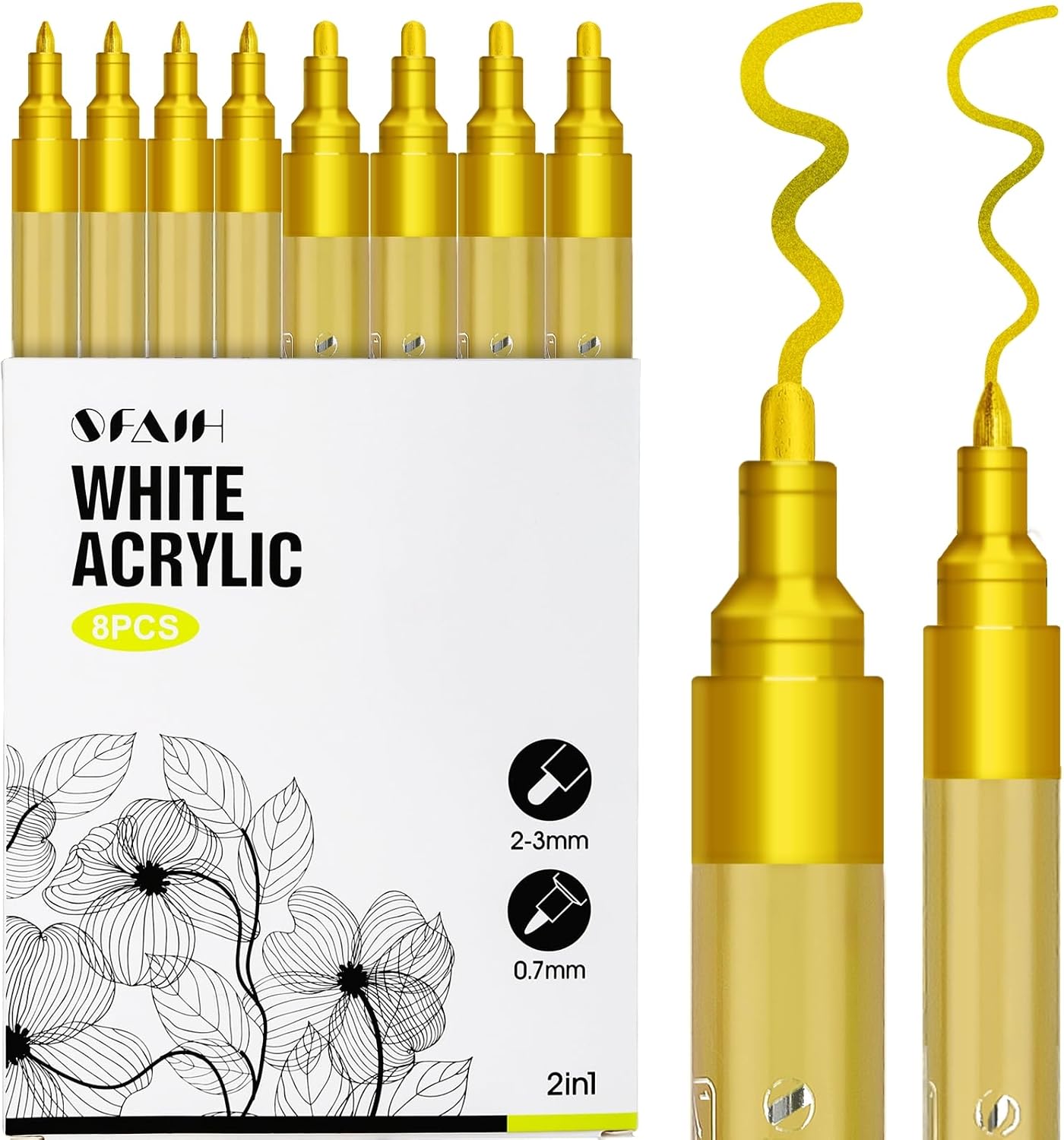 SFAIH Acrylic Gold Paint Pens - 8 Pack 2-3MM Medium Tip & 0.7MM Extra Fine Gold Markers Permanent for Rock, Wood, Metal, Fabric, Plastic, Glass, Ceramic, Diy Crafts, Large Ink Capacity, High Coverage