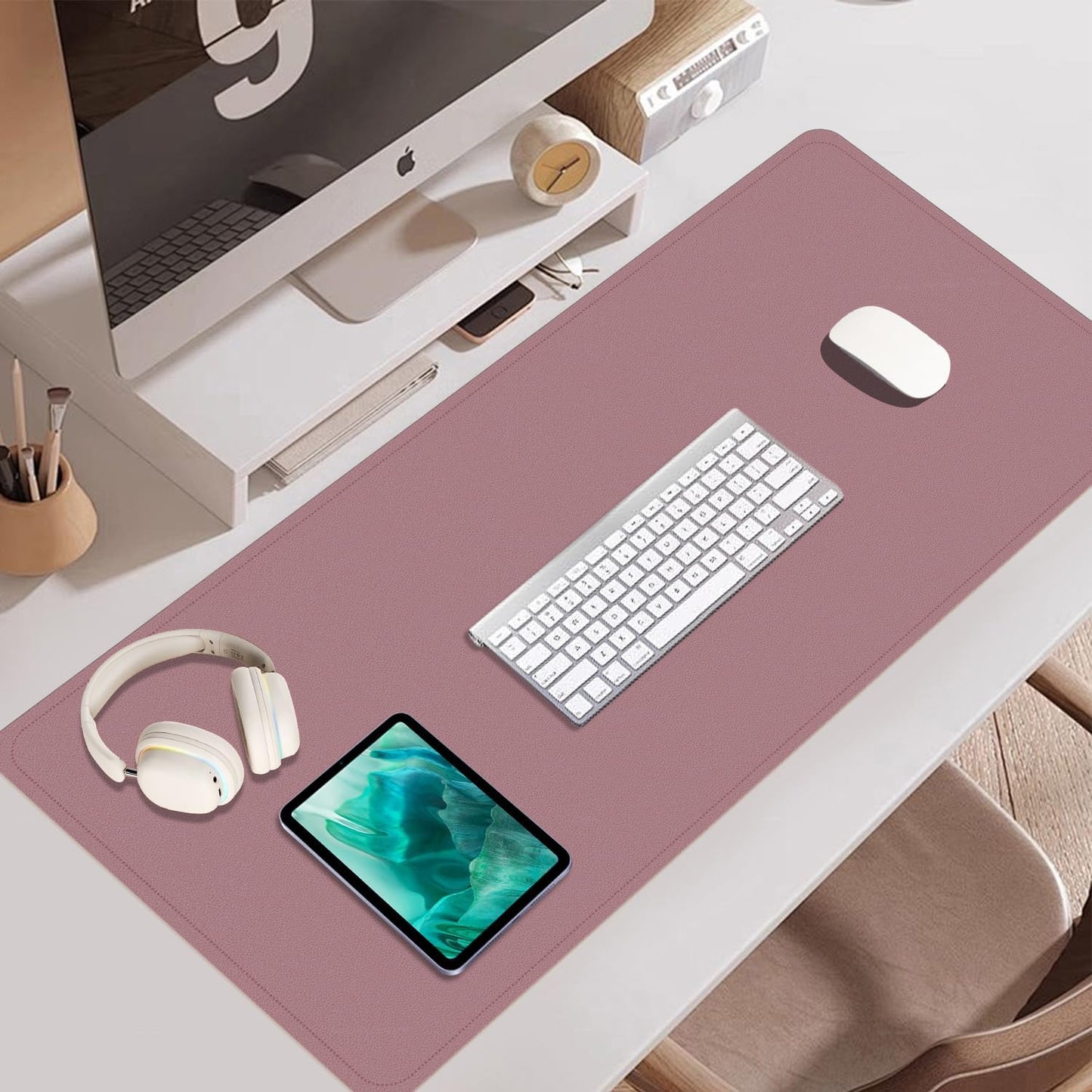 Non Slip Desk Mat, 31.5" x 15.7" PU Leather Desk Pad, Cork Desk Mat for Desktop, Desk Pad for Keyboard and Mouse, Ideal for Office and Home, Purple Pink