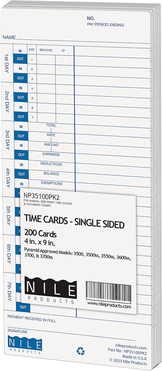 Nile Products - 200 Authorized Single Sided Time Cards for Pyramid Manual Side Print Timeclock and Document Stamp [ NP35100-PK2], Pyramid 35100-10 Compatible (4 W x 9 H Inches) - 200 Time Cards