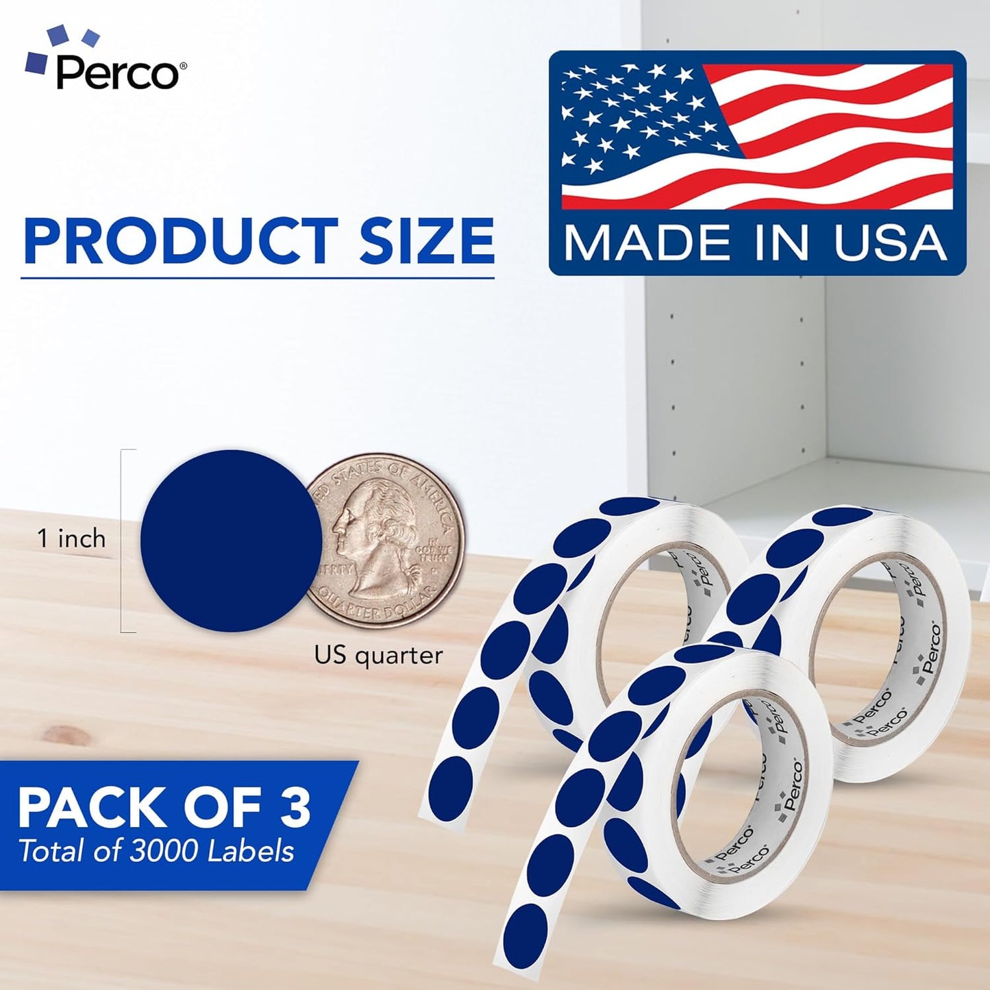 Perco Dark Blue 1-Inch Round Circle Dot Sticker Labels - Multi-Roll Pack (3 Rolls, 1,000 Labels Each) - Permanent Adhesive, Vibrant Colors, Strong Hold - Perforated for Easy Use - Made in USA